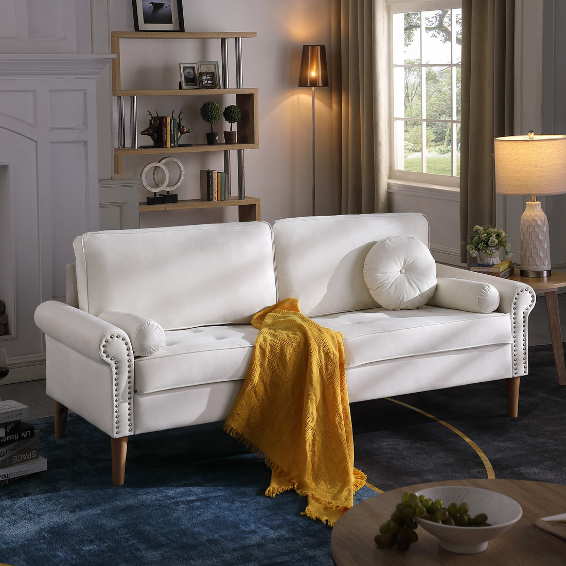 Living Room Sofa,3 Seater Sofawith Copper Nail On Arms ,Three Pillow,White White Velvet