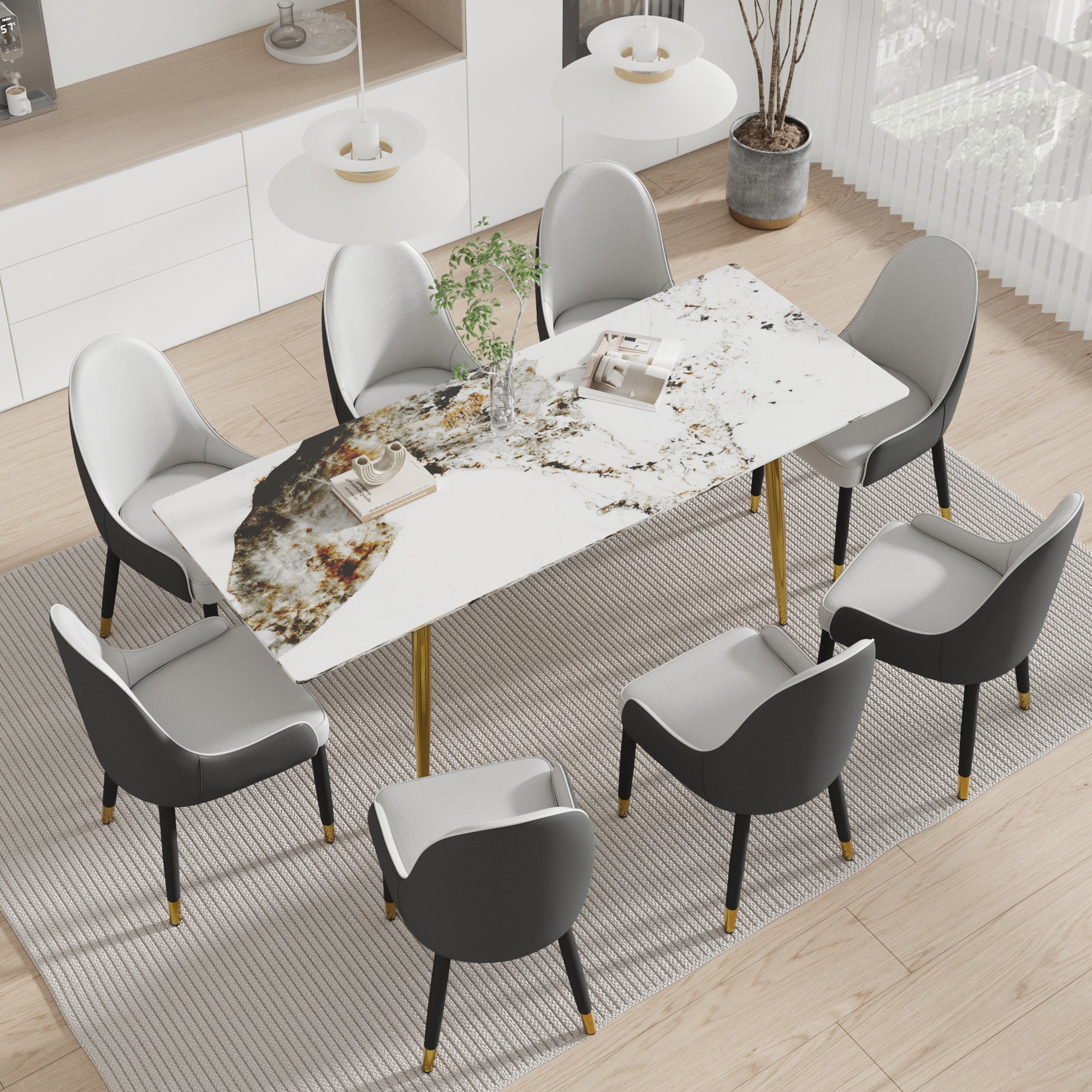 78.74" Modern Artificial Stone Pandora White Straight Edge Golden Metal Leg Dining Table Can Accommodate 8 People White Metal Sintered Stone