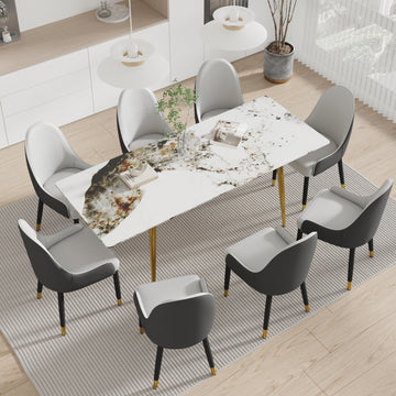 78.74" Modern Artificial Stone Pandora White Straight Edge Golden Metal Leg Dining Table Can Accommodate 8 People White Metal Sintered Stone