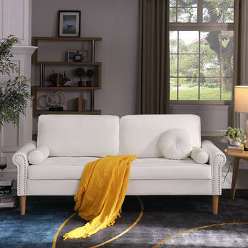 Living Room Sofa,3 Seater Sofawith Copper Nail On Arms ,Three Pillow,White White Velvet