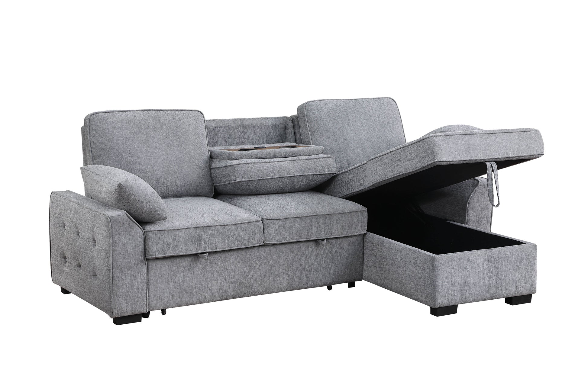 Mackenzie 91"W Light Gray Chenille Fabric Sleeper Sectional With Right Facing Storage Chaise, Drop Down Table, Cup Holders And Charging Ports Light Gray Chenille 3 Seat