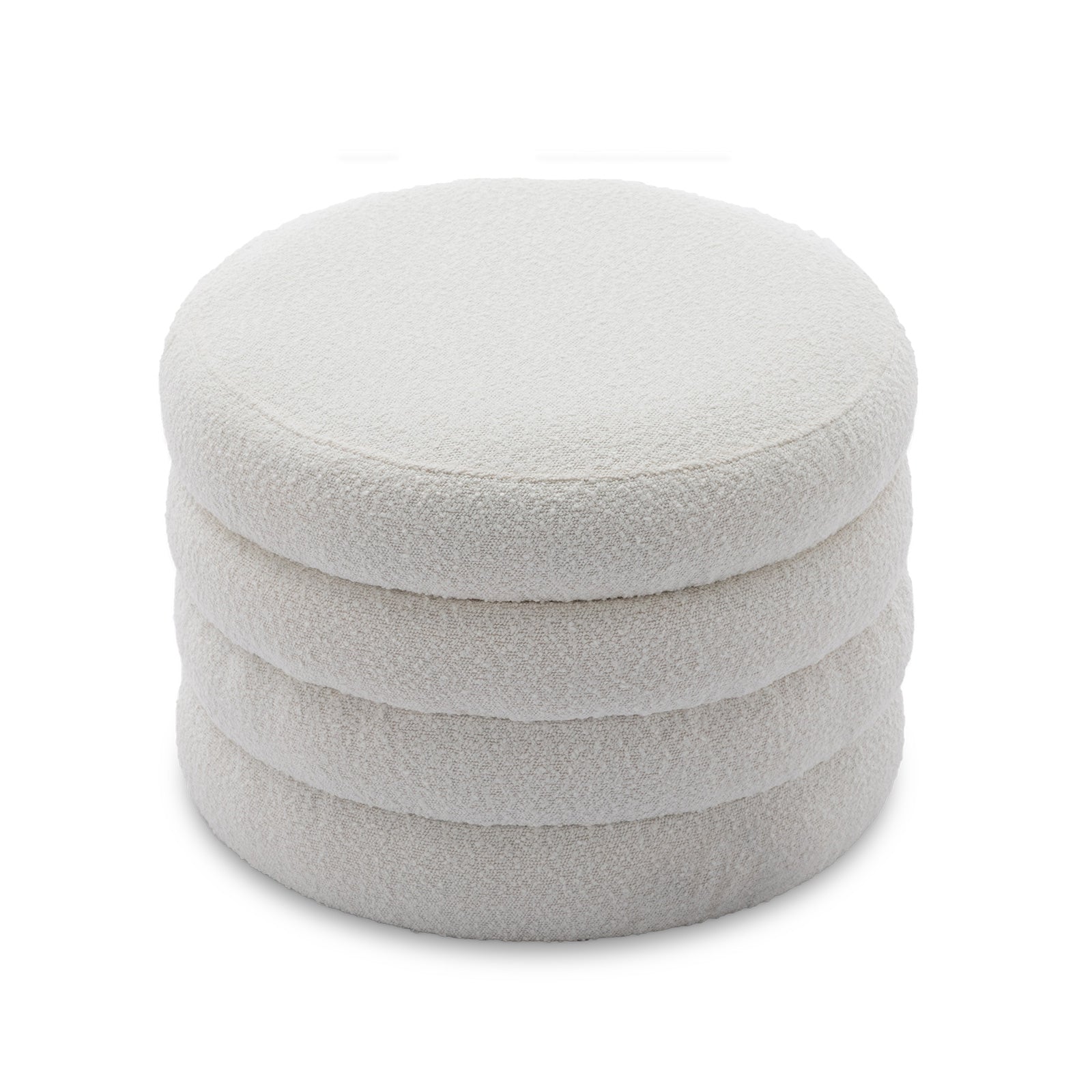 007 Boucle Fabric Storage Round Ottoman Footstool With Wooden Shelving,Ivory White Wood Primary Living Space White Solid Eucalyptus Wood With Storage Ivory Backless Soft Modern Flip Top Round