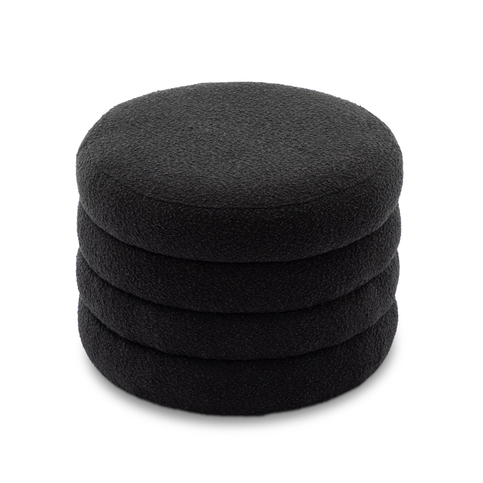007 Boucle Fabric Storage Round Ottoman Footstool With Wooden Shelving,Black White Wood Primary Living Space Black Solid Eucalyptus Wood With Storage Black Backless Soft Modern Flip Top Round