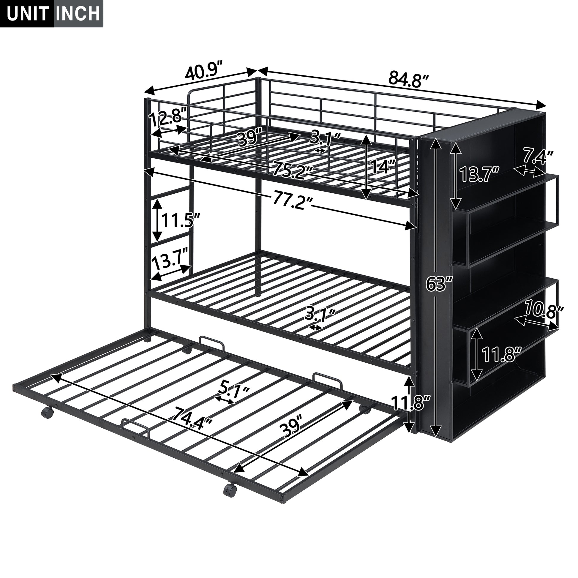 Metal Bunk Bed With Big Bookshelf, Twin, Black Black Metal