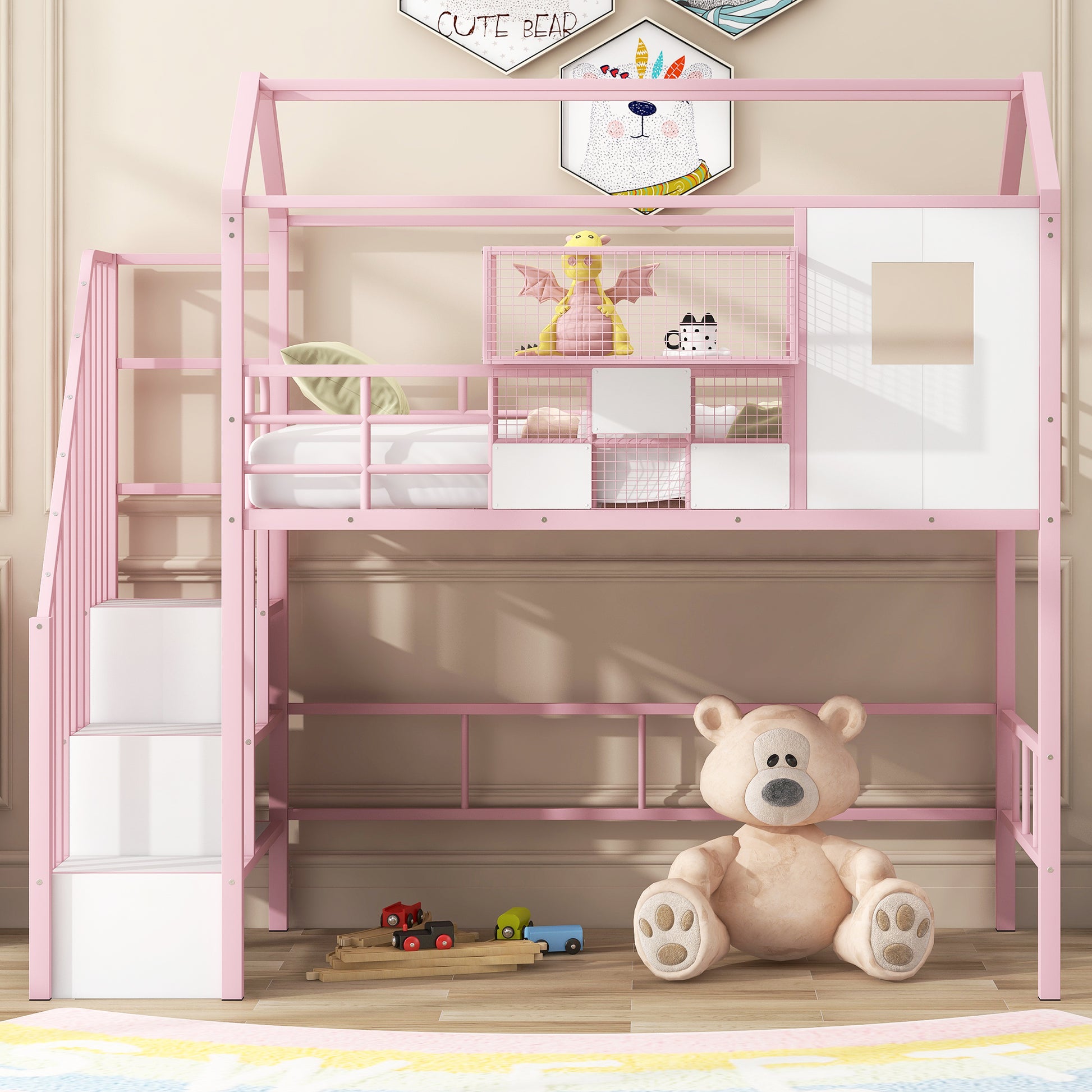 Metal Loft Bed With Roof Design And A Storage Box, Twin, Pink Twin Pink Metal