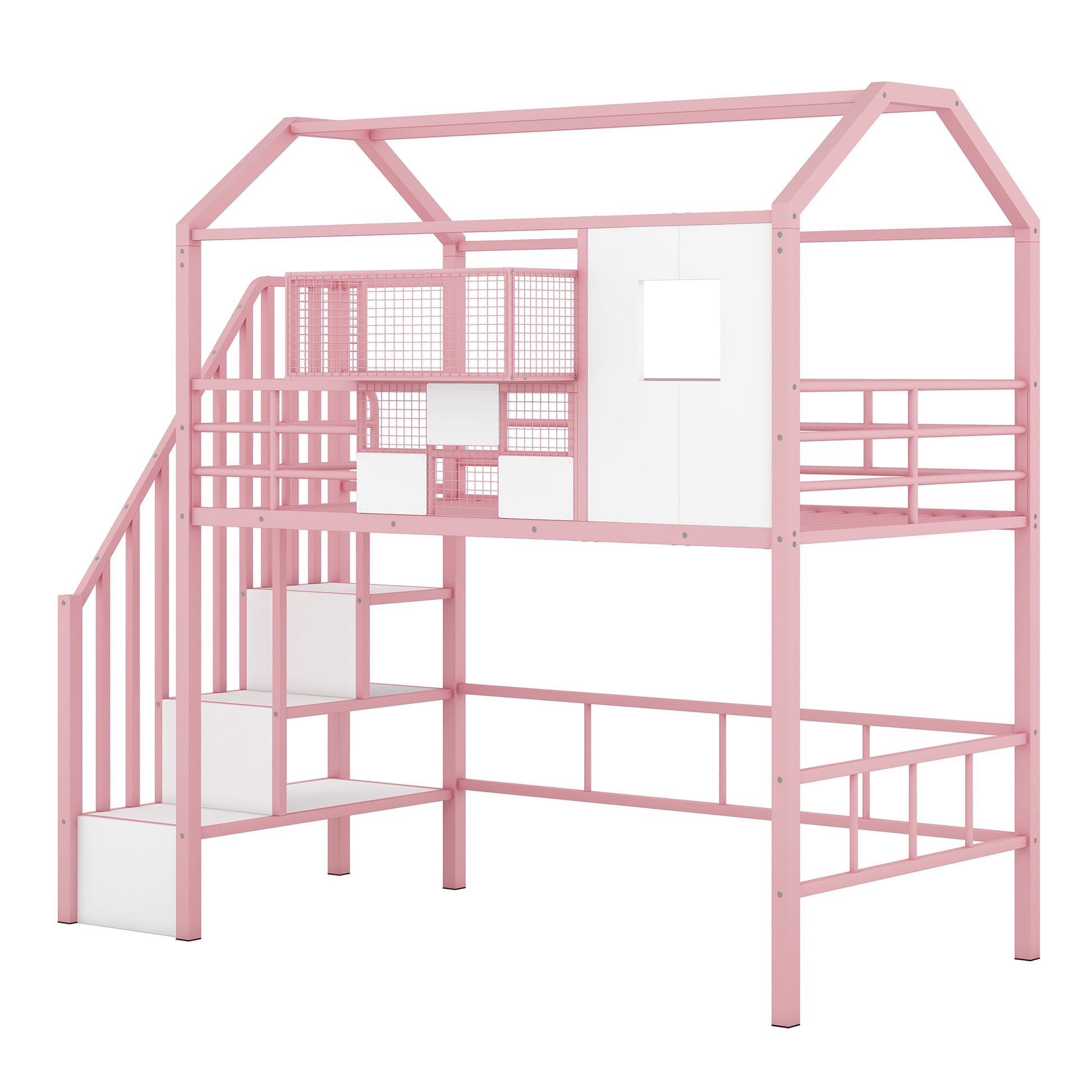 Metal Loft Bed With Roof Design And A Storage Box, Twin, Pink Twin Pink Metal