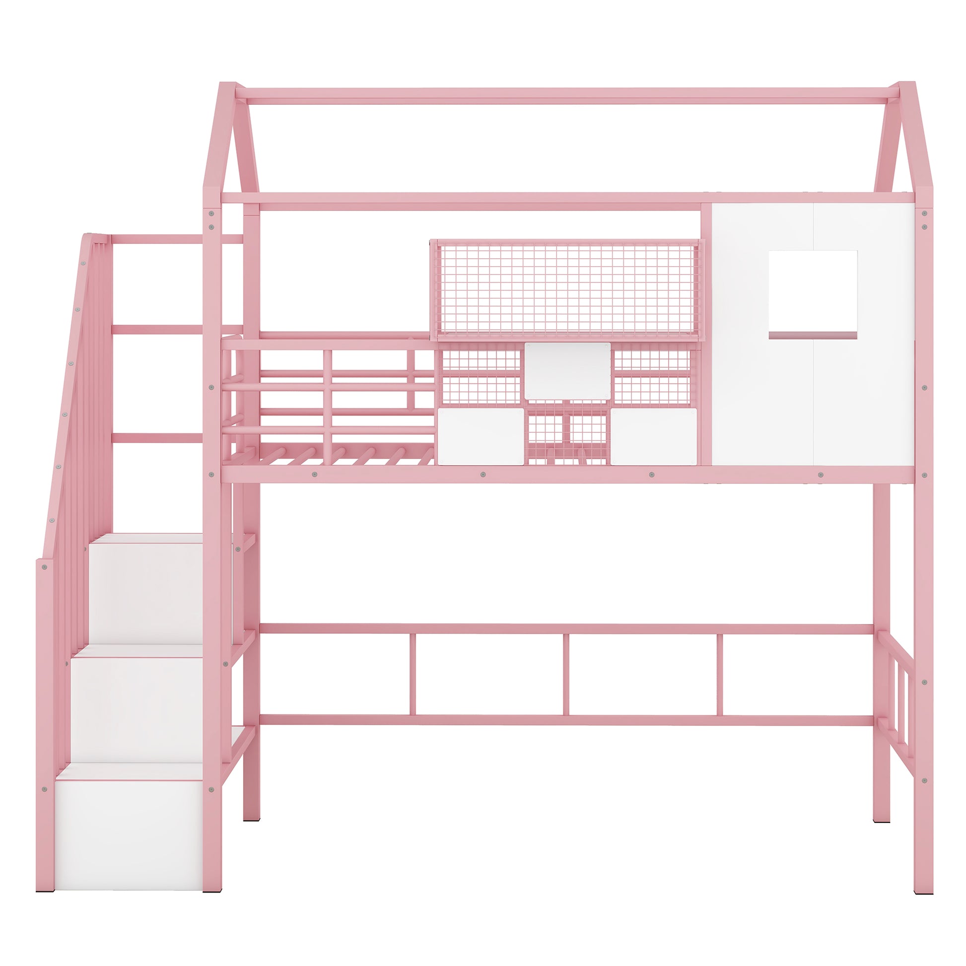 Metal Loft Bed With Roof Design And A Storage Box, Twin, Pink Twin Pink Metal