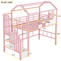 Metal Loft Bed With Roof Design And A Storage Box, Twin, Pink Twin Pink Metal