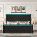 Queen Platform Bed Frame With High Headboard, Velvet Upholstered Bed With Deep Tufted Buttons, Adjustable Colorful Led Light Decorative Headboard, Wide Wingbacks,Black Queen Black Velvet
