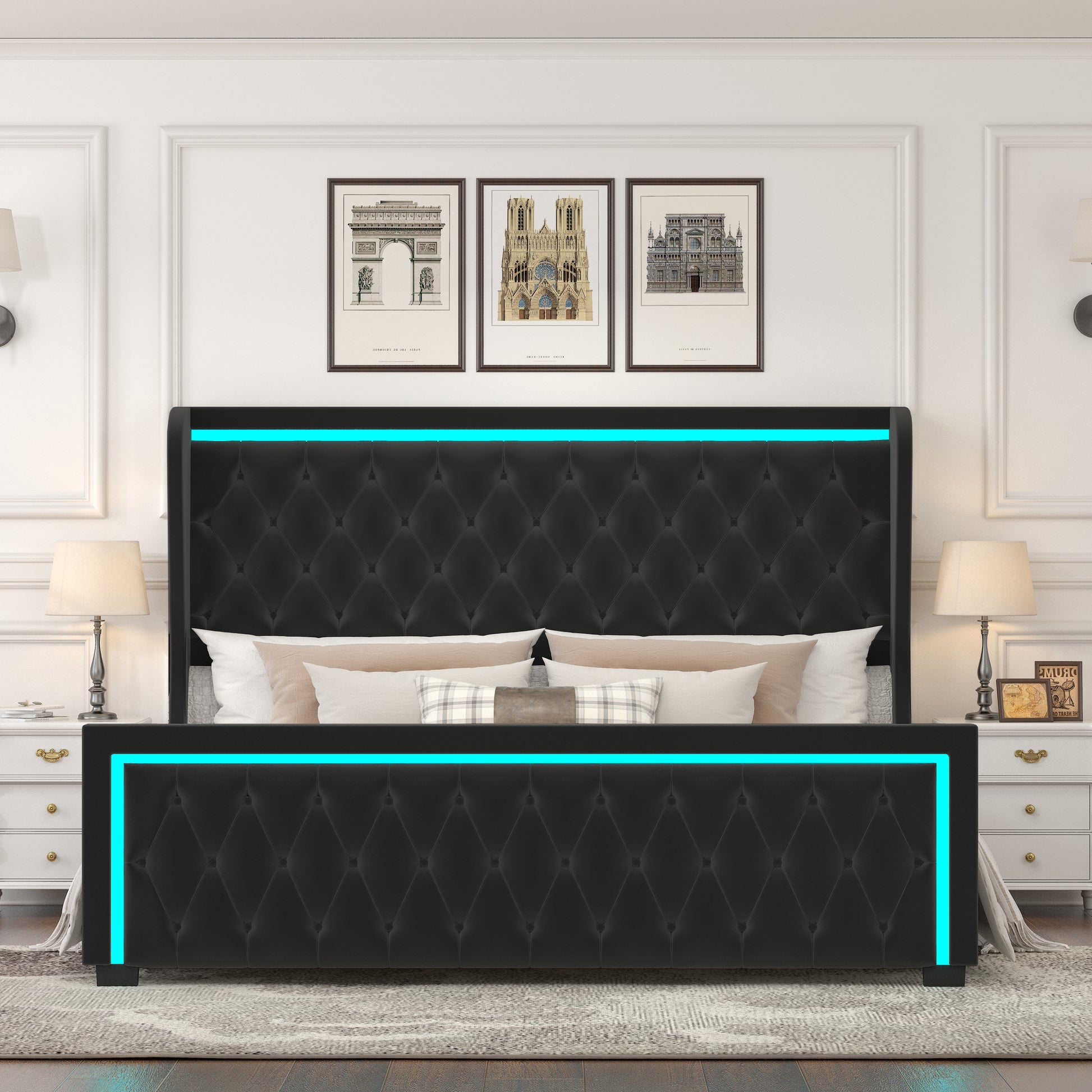 Queen Platform Bed Frame With High Headboard, Velvet Upholstered Bed With Deep Tufted Buttons, Adjustable Colorful Led Light Decorative Headboard, Wide Wingbacks,Black Queen Black Velvet