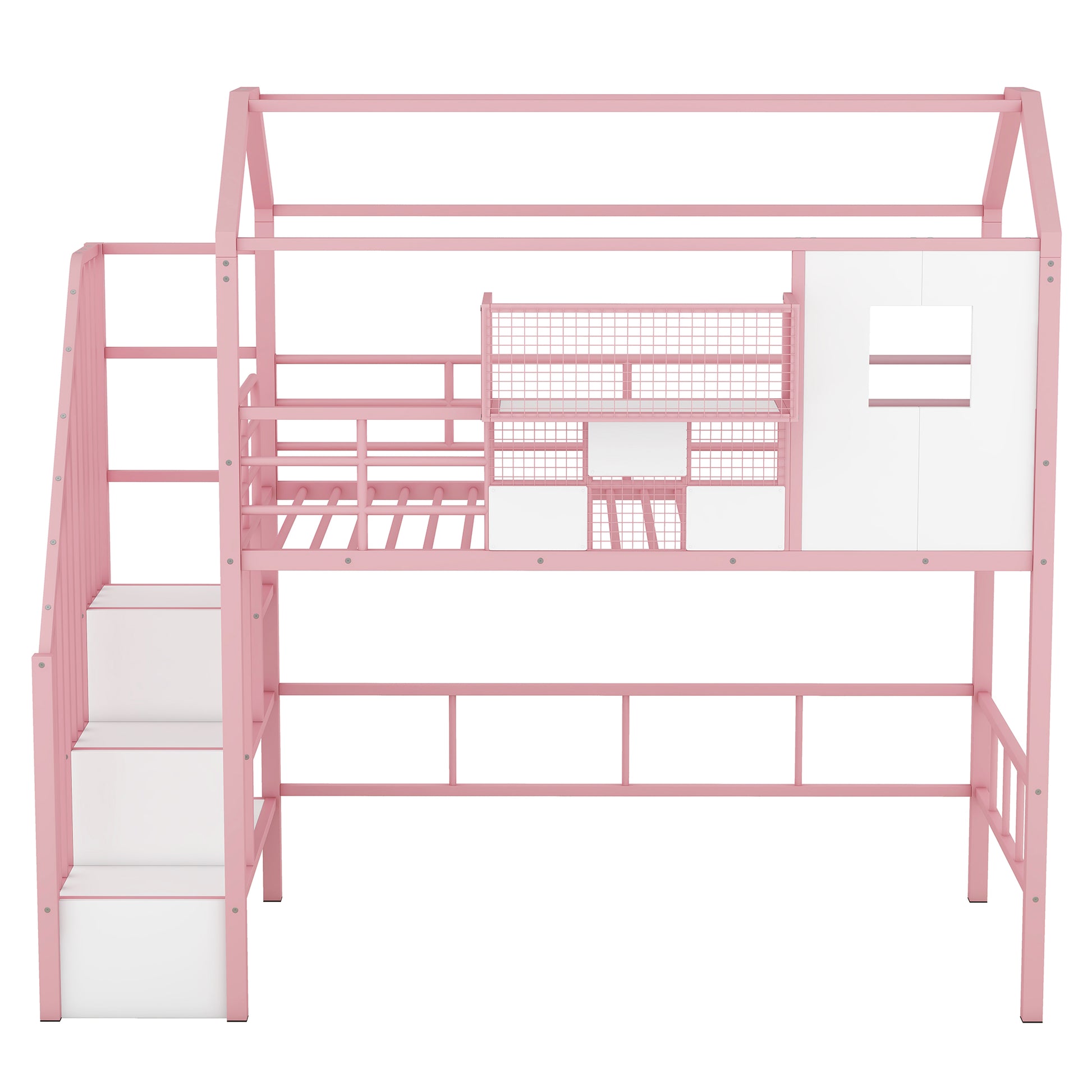 Metal Loft Bed With Roof Design And A Storage Box, Twin, Pink Twin Pink Metal
