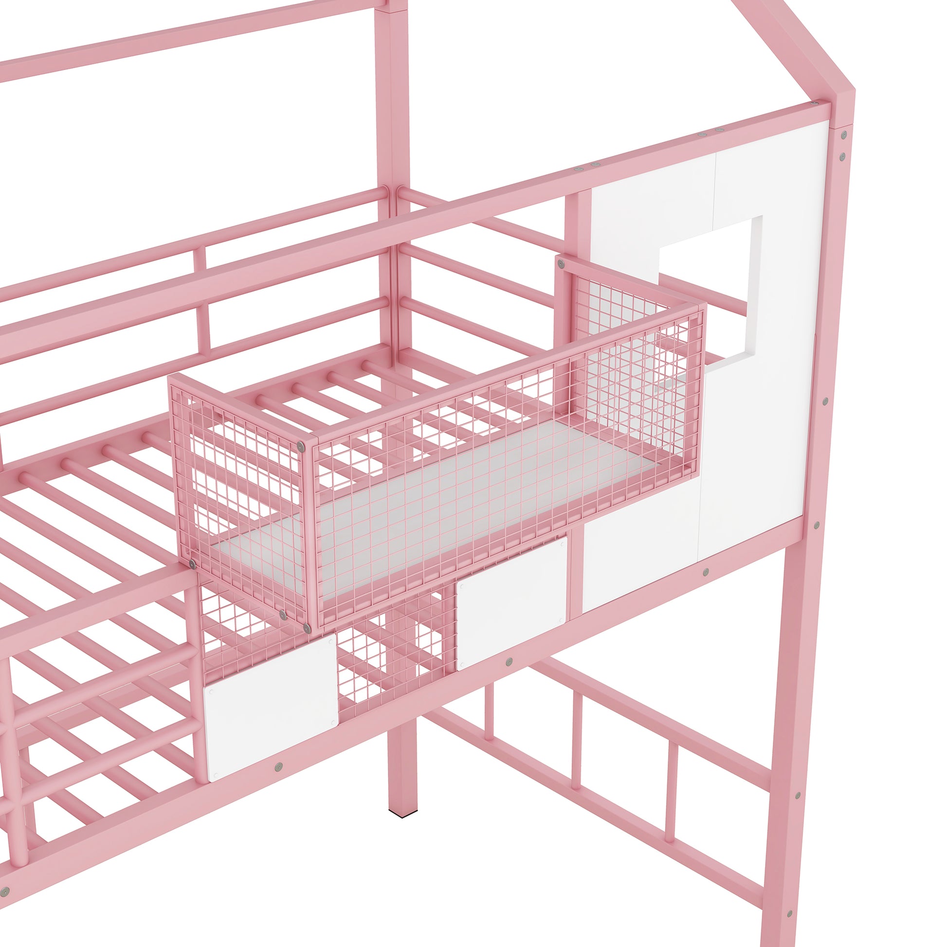 Metal Loft Bed With Roof Design And A Storage Box, Twin, Pink Twin Pink Metal