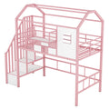 Metal Loft Bed With Roof Design And A Storage Box, Twin, Pink Twin Pink Metal