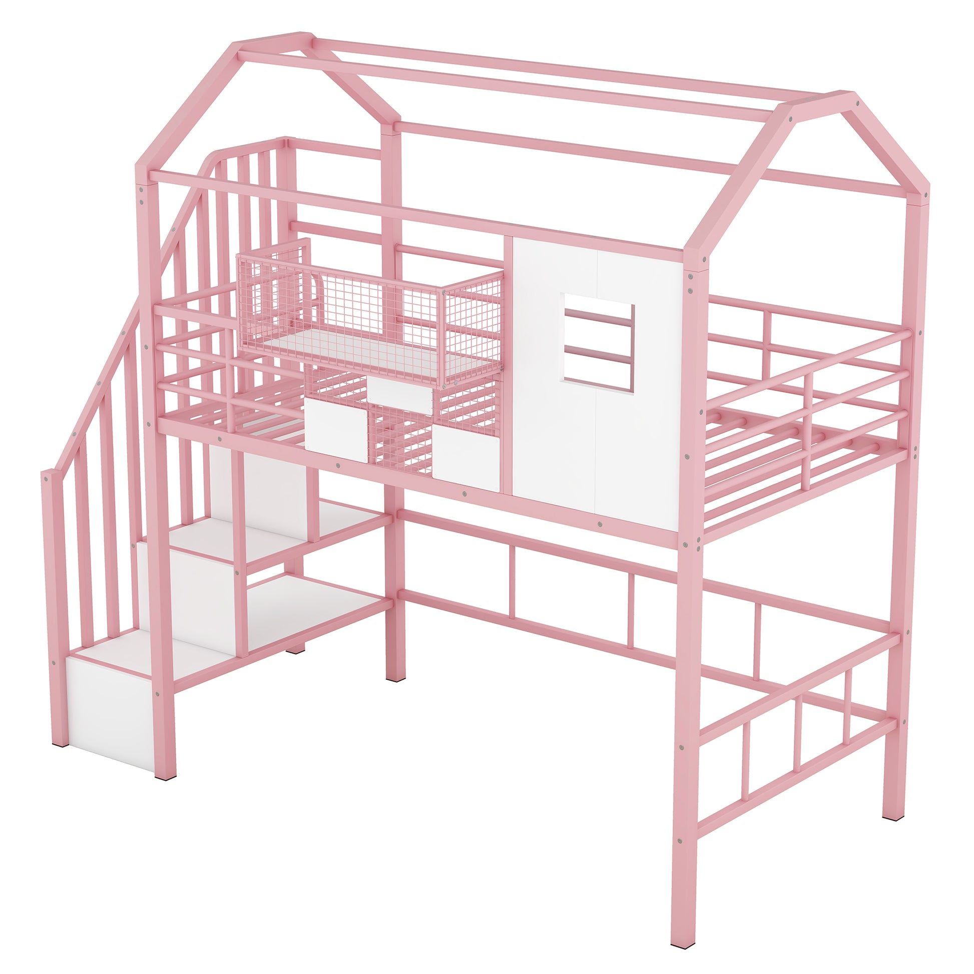 Metal Loft Bed With Roof Design And A Storage Box, Twin, Pink Twin Pink Metal