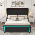 King Platform Bed Frame With High Headboard, Velvet Upholstered Bed With Deep Tufted Buttons, Adjustable Colorful Led Light Decorative Headboard, Wide Wingbacks, Black King Black Velvet