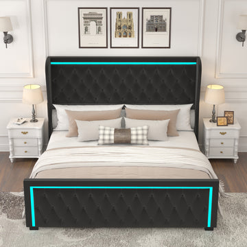 Queen Platform Bed Frame With High Headboard, Velvet Upholstered Bed With Deep Tufted Buttons, Adjustable Colorful Led Light Decorative Headboard, Wide Wingbacks,Black Queen Black Velvet