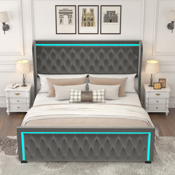 Queen Platform Bed Frame With High Headboard, Velvet Upholstered Bed With Deep Tufted Buttons, Adjustable Colorful Led Light Decorative Headboard, Wide Wingbacks,Grey Queen Grey Velvet