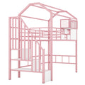 Metal Loft Bed With Roof Design And A Storage Box, Twin, Pink Twin Pink Metal