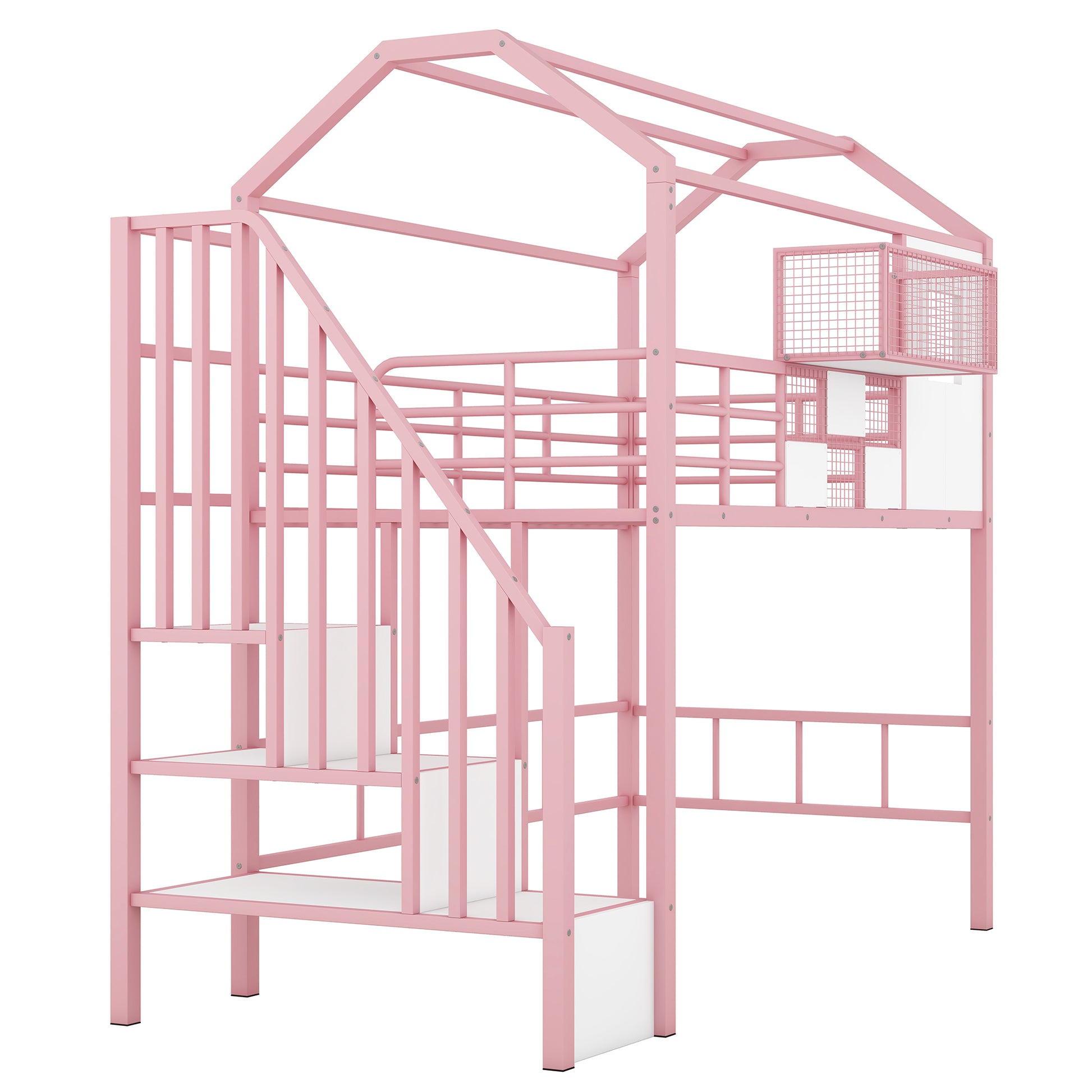Metal Loft Bed With Roof Design And A Storage Box, Twin, Pink Twin Pink Metal