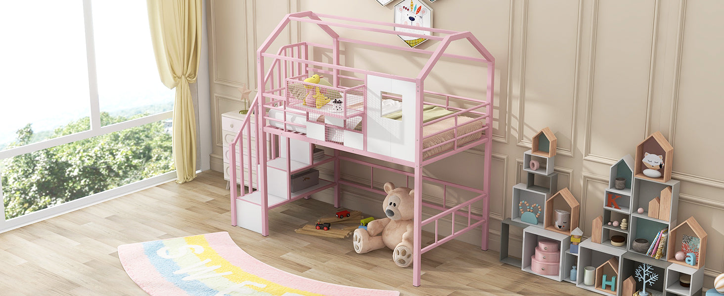 Metal Loft Bed With Roof Design And A Storage Box, Twin, Pink Twin Pink Metal
