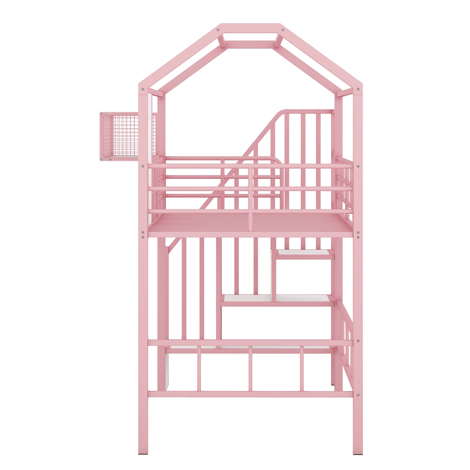 Metal Loft Bed With Roof Design And A Storage Box, Twin, Pink Twin Pink Metal