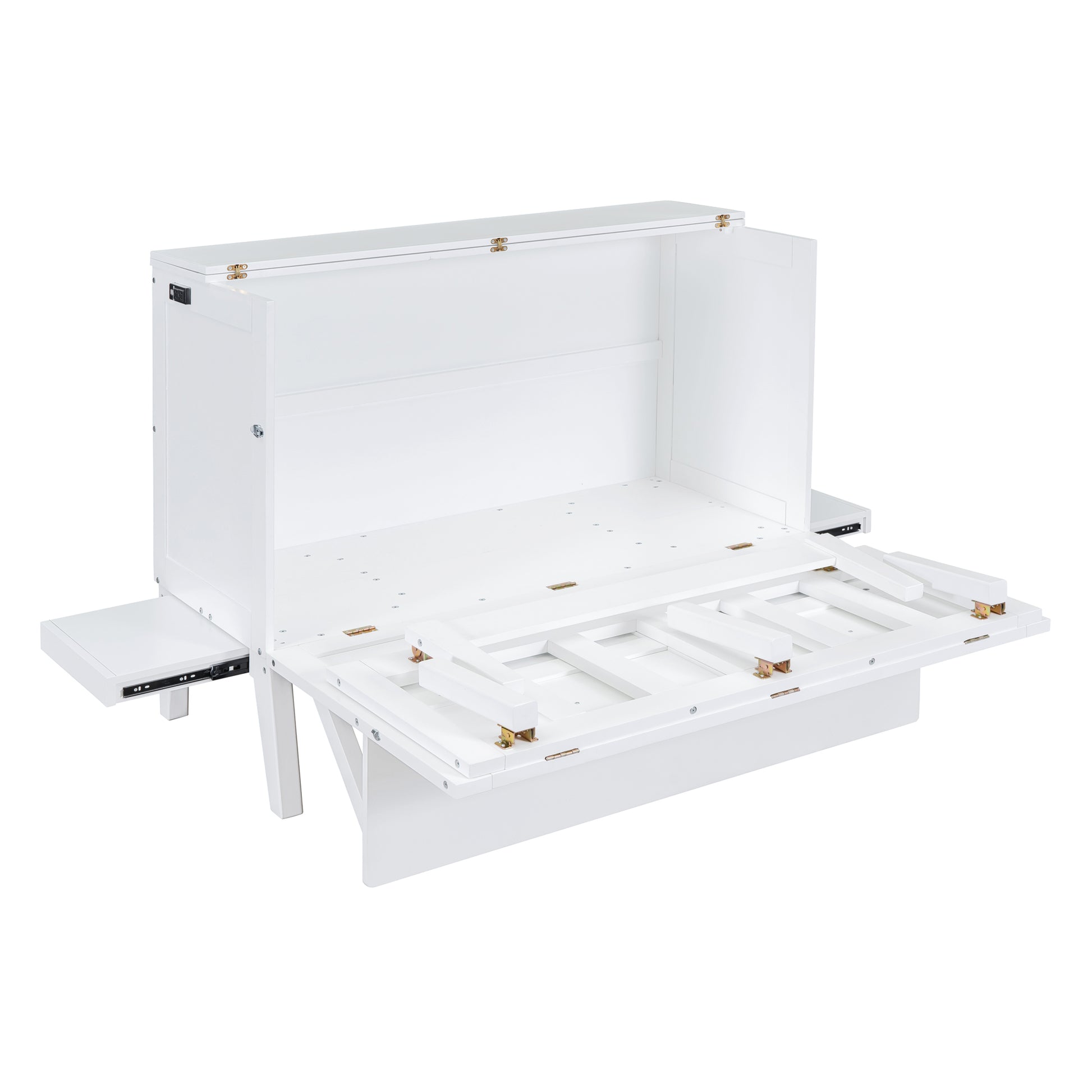 Full Size Murphy Bed With Usb Port And Removable Shelves On Each Side,White White Solid Wood Mdf