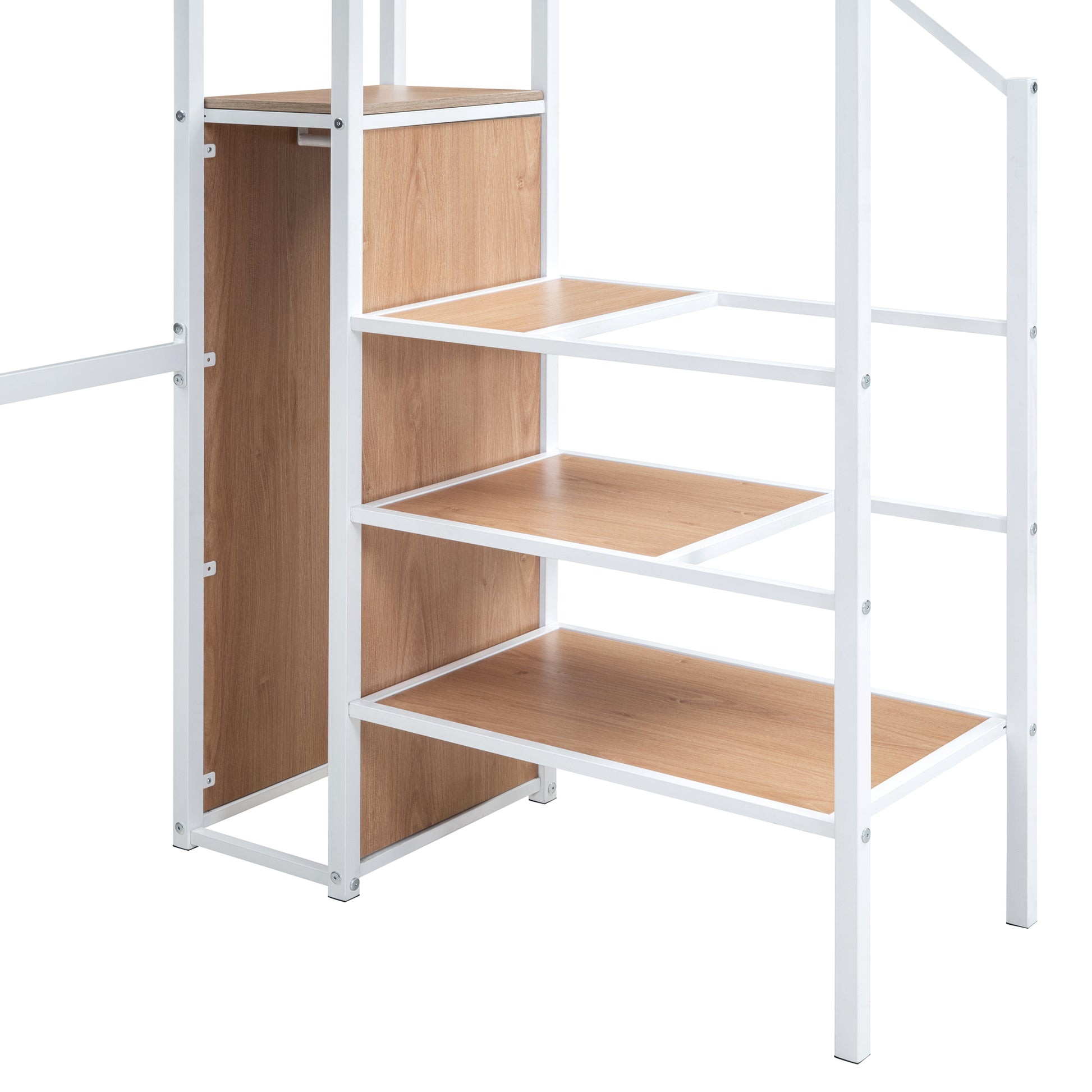 Twin Size Metal Loft Bed With Desk And Metal Grid, Stylish Metal Frame Bed With Lateral Storage Ladder And Wardrobe, White White Mdf Metal
