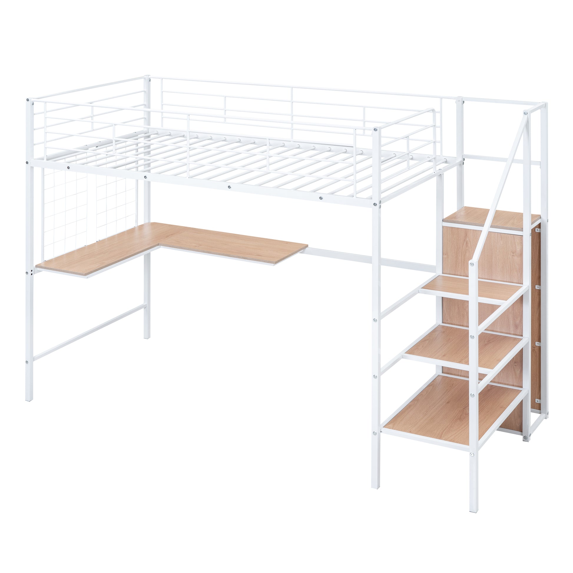 Twin Size Metal Loft Bed With Desk And Metal Grid, Stylish Metal Frame Bed With Lateral Storage Ladder And Wardrobe, White White Mdf Metal