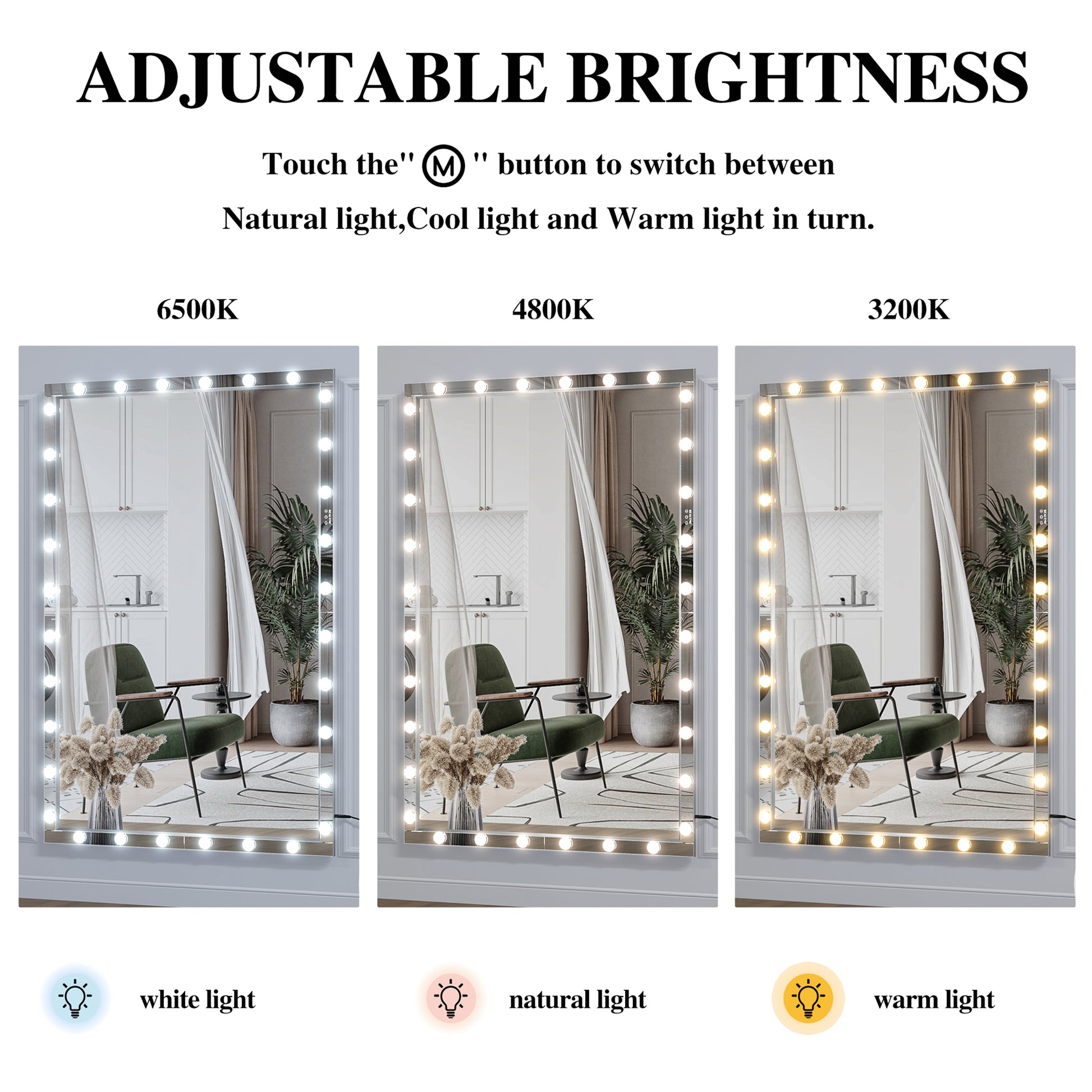 Hollywood Led Full Body Mirror With Lights Extra Large Full Length Vanity Mirror With 3 Color Mode Lights, Vertical Horizontal Hanging Aluminum Mirror For Dressing Rooms, Bedroom Silver, 72X48