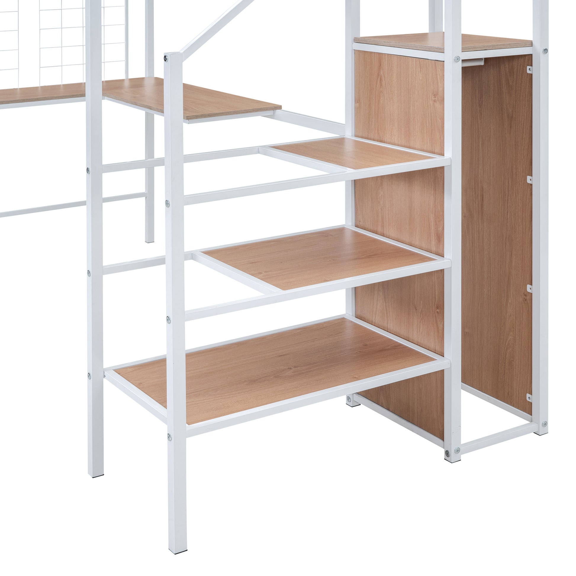 Twin Size Metal Loft Bed With Desk And Metal Grid, Stylish Metal Frame Bed With Lateral Storage Ladder And Wardrobe, White White Mdf Metal