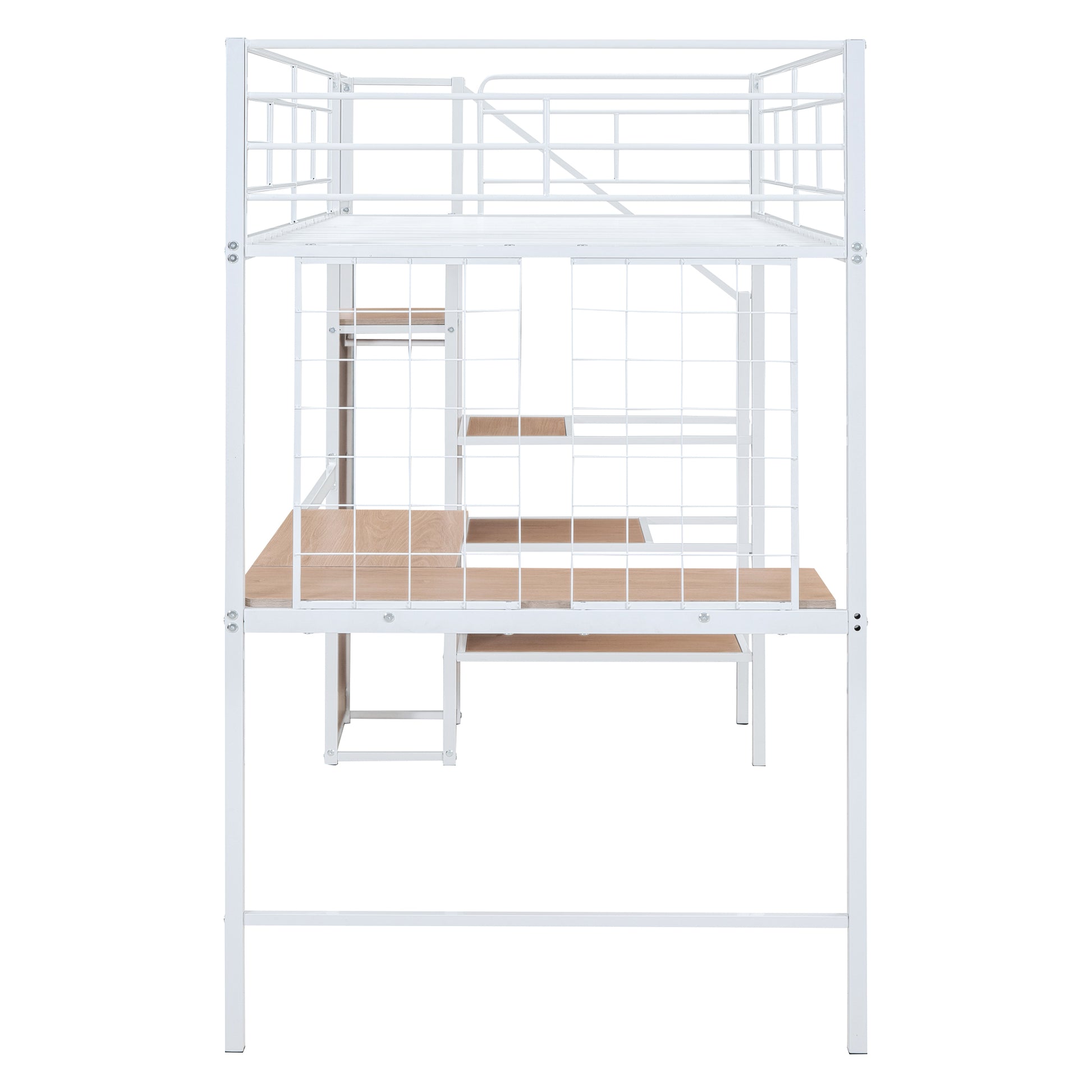 Twin Size Metal Loft Bed With Desk And Metal Grid, Stylish Metal Frame Bed With Lateral Storage Ladder And Wardrobe, White White Mdf Metal