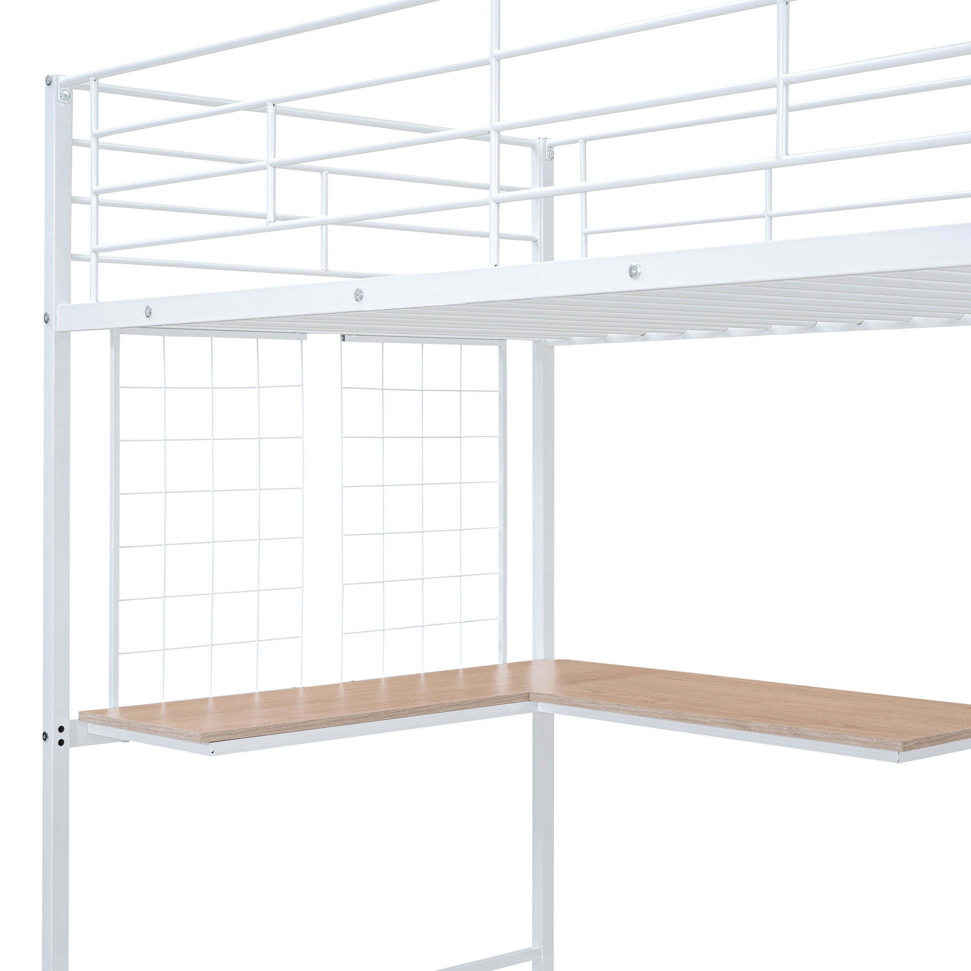 Twin Size Metal Loft Bed With Desk And Metal Grid, Stylish Metal Frame Bed With Lateral Storage Ladder And Wardrobe, White White Mdf Metal