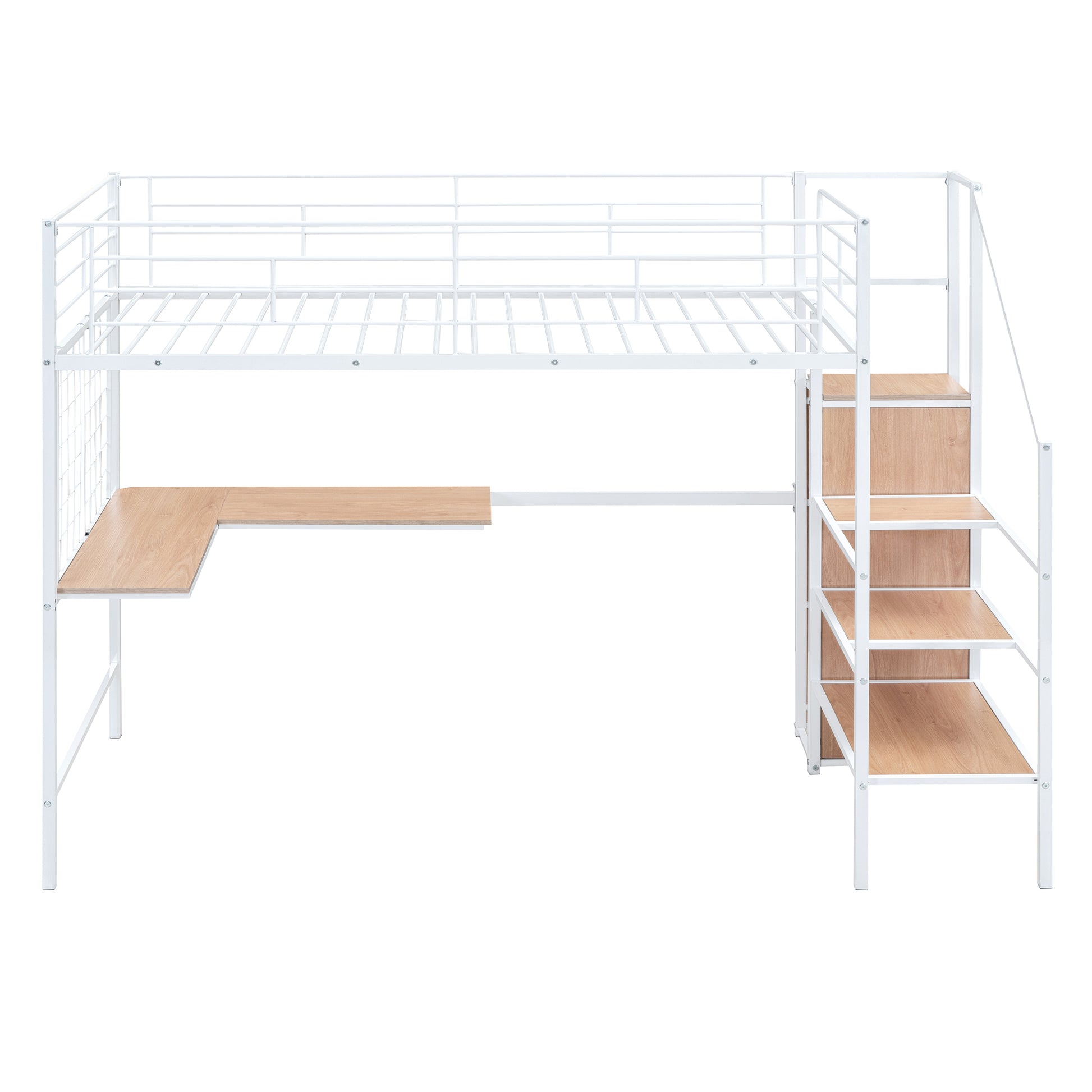 Twin Size Metal Loft Bed With Desk And Metal Grid, Stylish Metal Frame Bed With Lateral Storage Ladder And Wardrobe, White White Mdf Metal