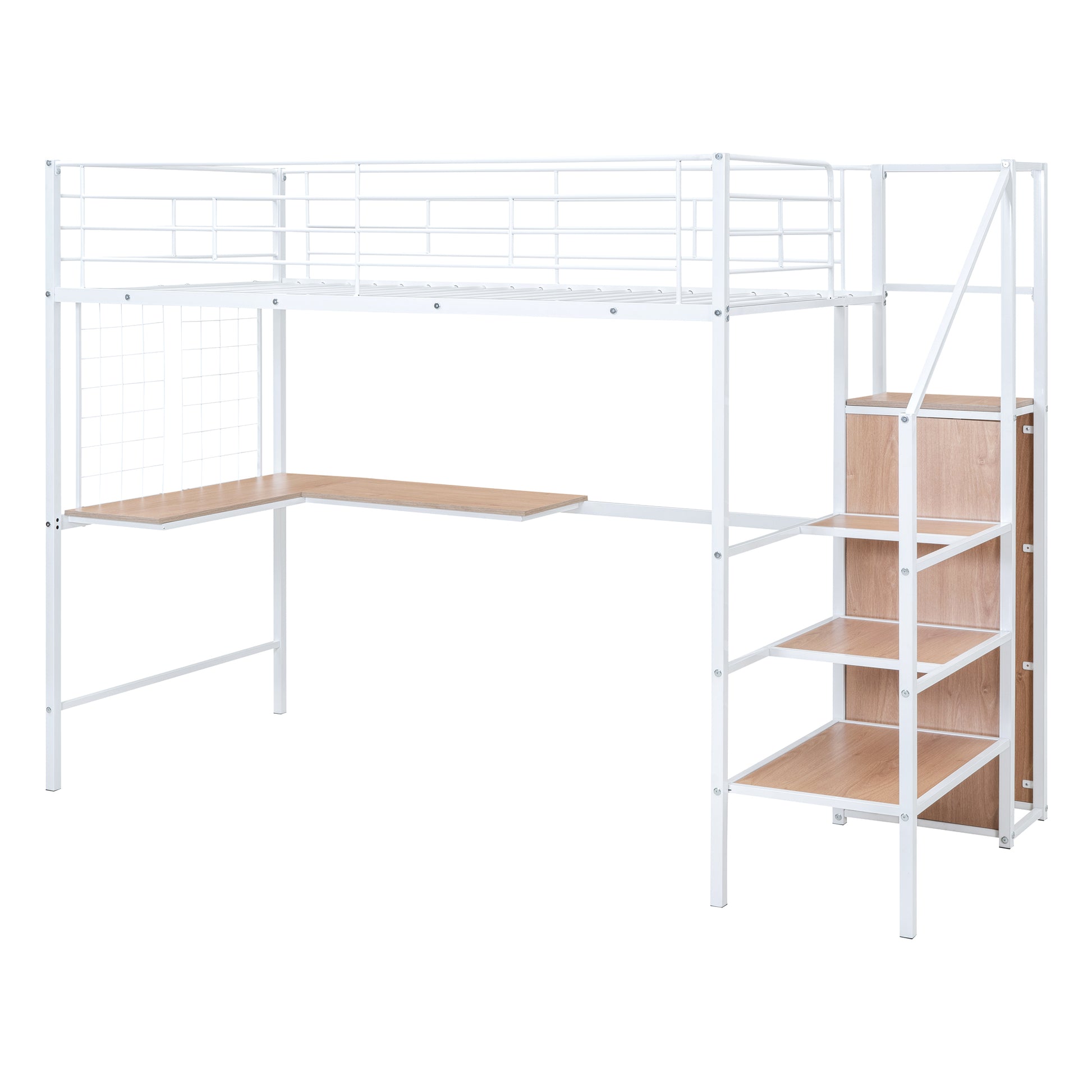 Twin Size Metal Loft Bed With Desk And Metal Grid, Stylish Metal Frame Bed With Lateral Storage Ladder And Wardrobe, White White Mdf Metal