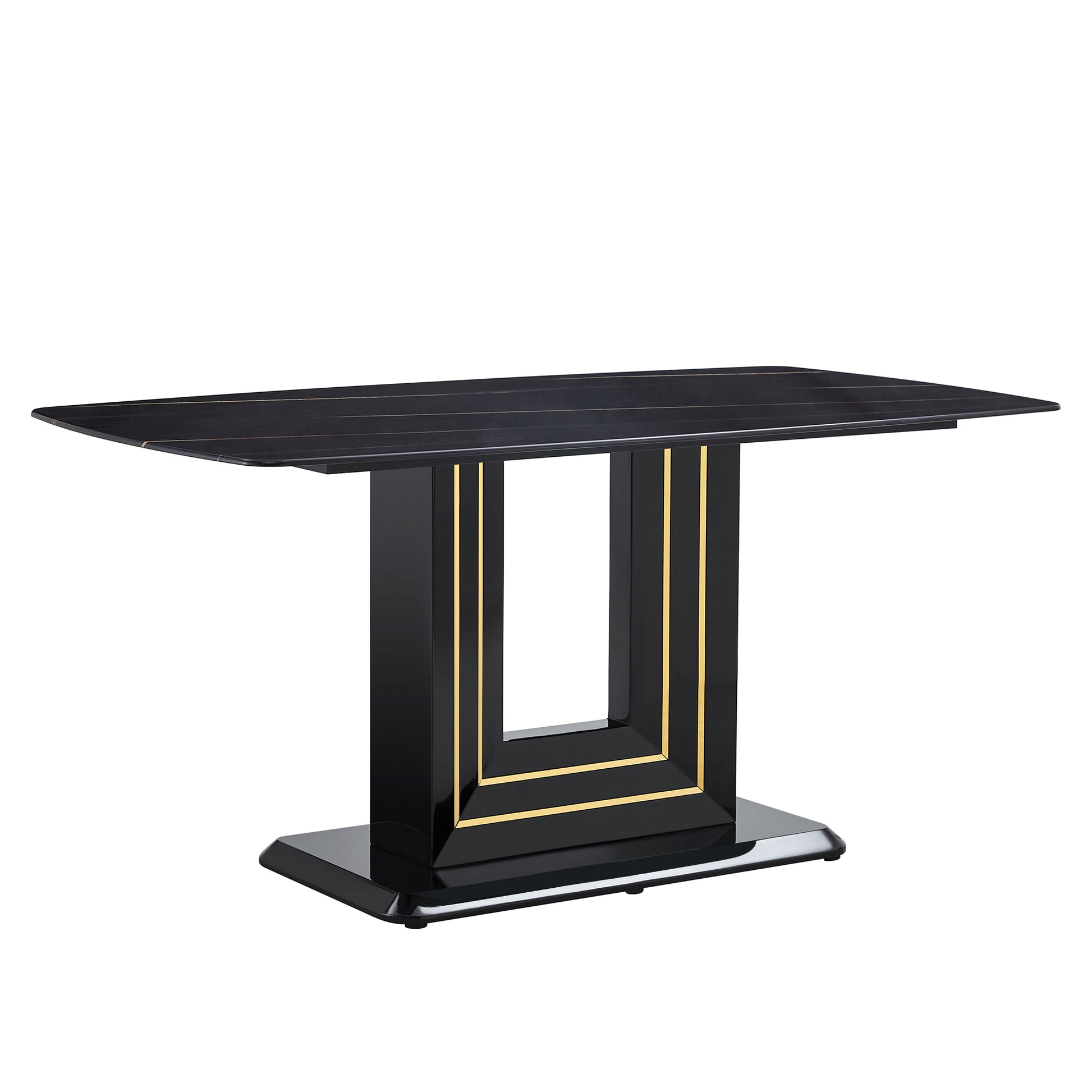 Rectangular 63" Marble Dining Table, Luxurious Dining Room Table With Faux Marble Top And U Shape Mdf Base, Modern Kitchen Dining Table For Kitchen Living Dining Room Black Luxury,Modern Mdf Glass
