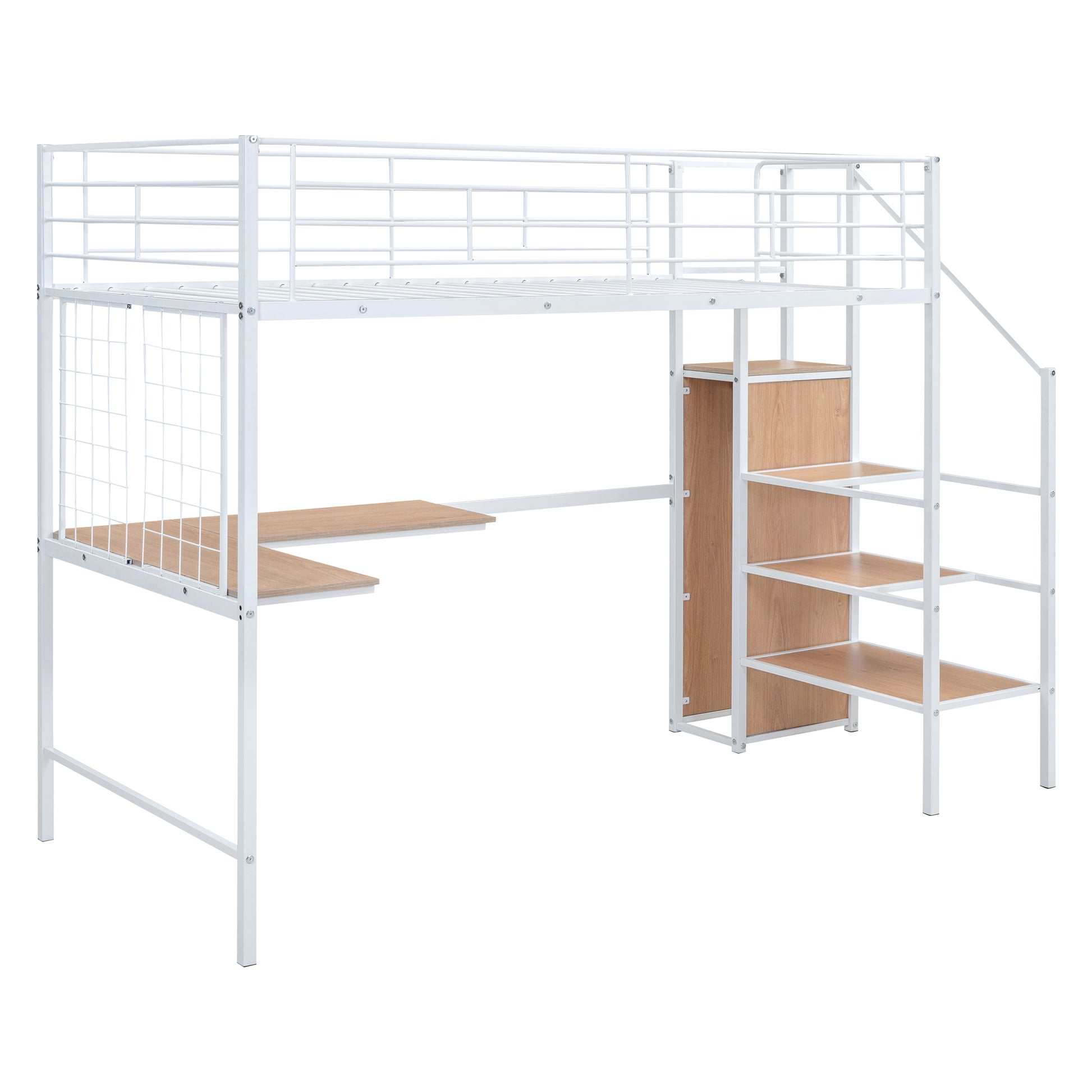 Twin Size Metal Loft Bed With Desk And Metal Grid, Stylish Metal Frame Bed With Lateral Storage Ladder And Wardrobe, White White Mdf Metal