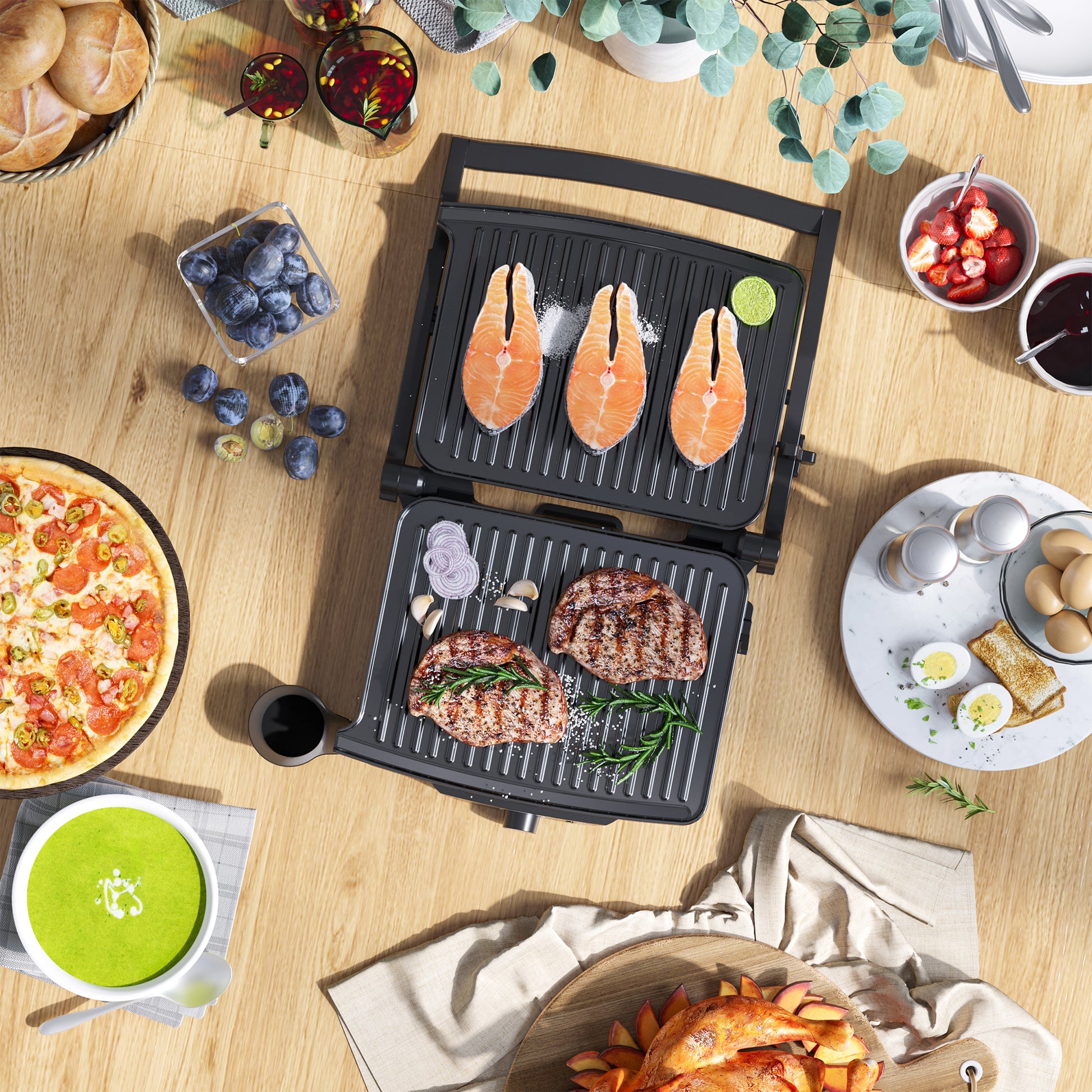4 Slice Panini Press Grill, Stainless Steel Sandwich Maker With Non Stick Double Plates, Locking Lids And Drip Tray, Opens 180 Degrees To Fit Any Type Or Size Of Food Black Stainless Steel