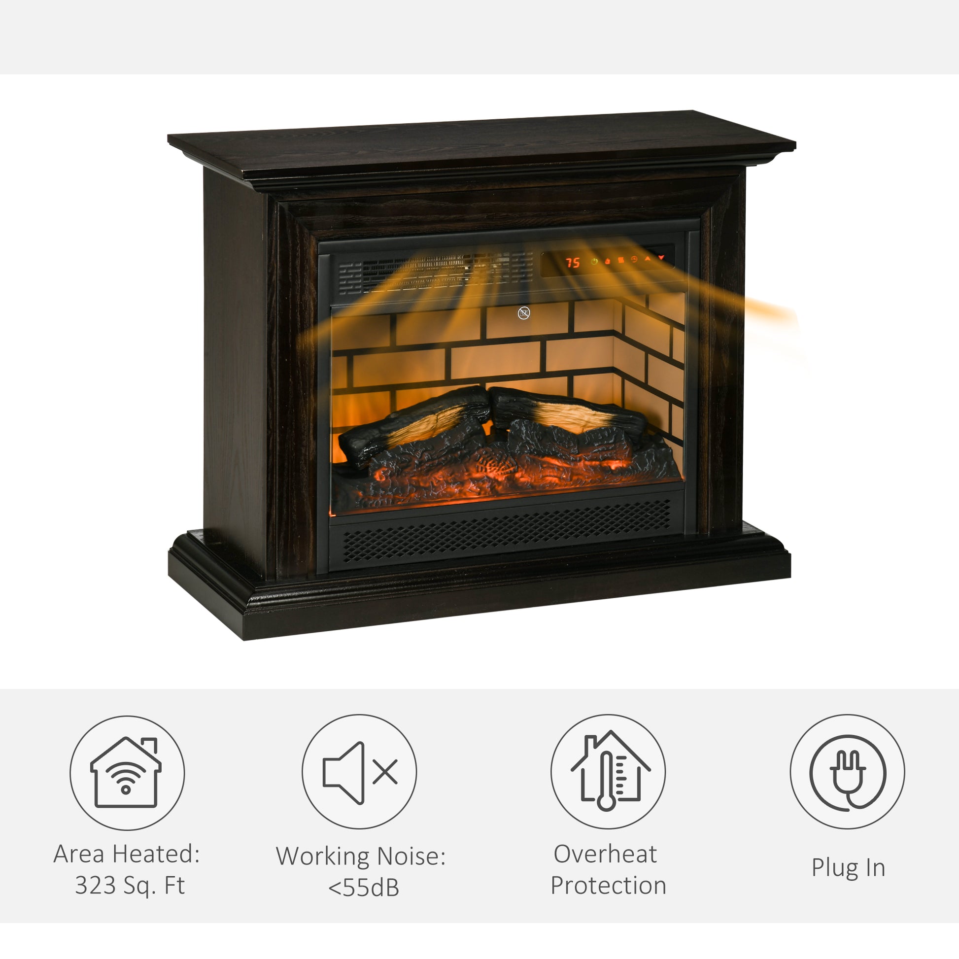 31" Electric Fireplace With Dimmable Flame Effect And Mantel, Freestanding Space Heater With Log Hearth And Remote Control, 1400W, Brown Brown Metal