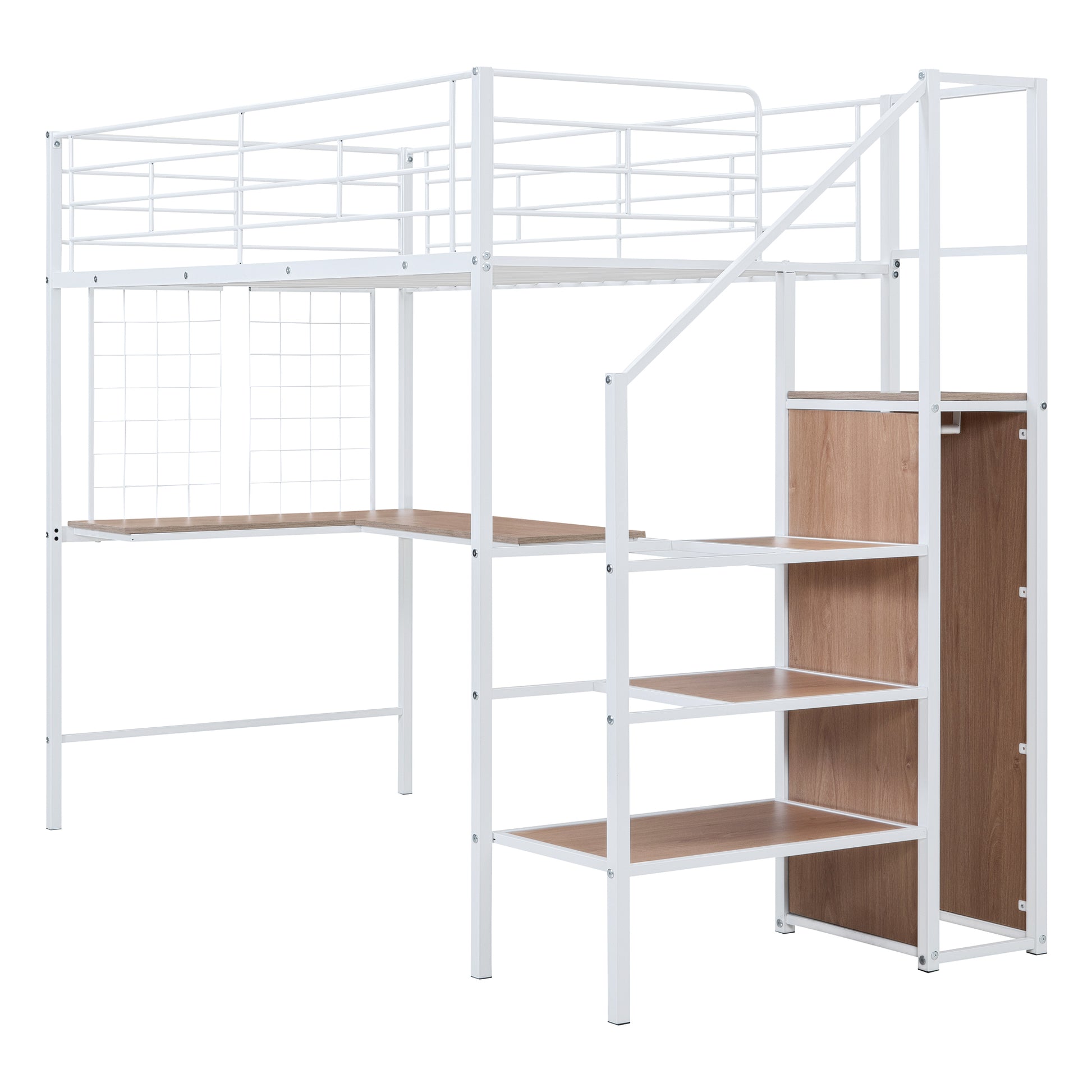 Twin Size Metal Loft Bed With Desk And Metal Grid, Stylish Metal Frame Bed With Lateral Storage Ladder And Wardrobe, White White Mdf Metal