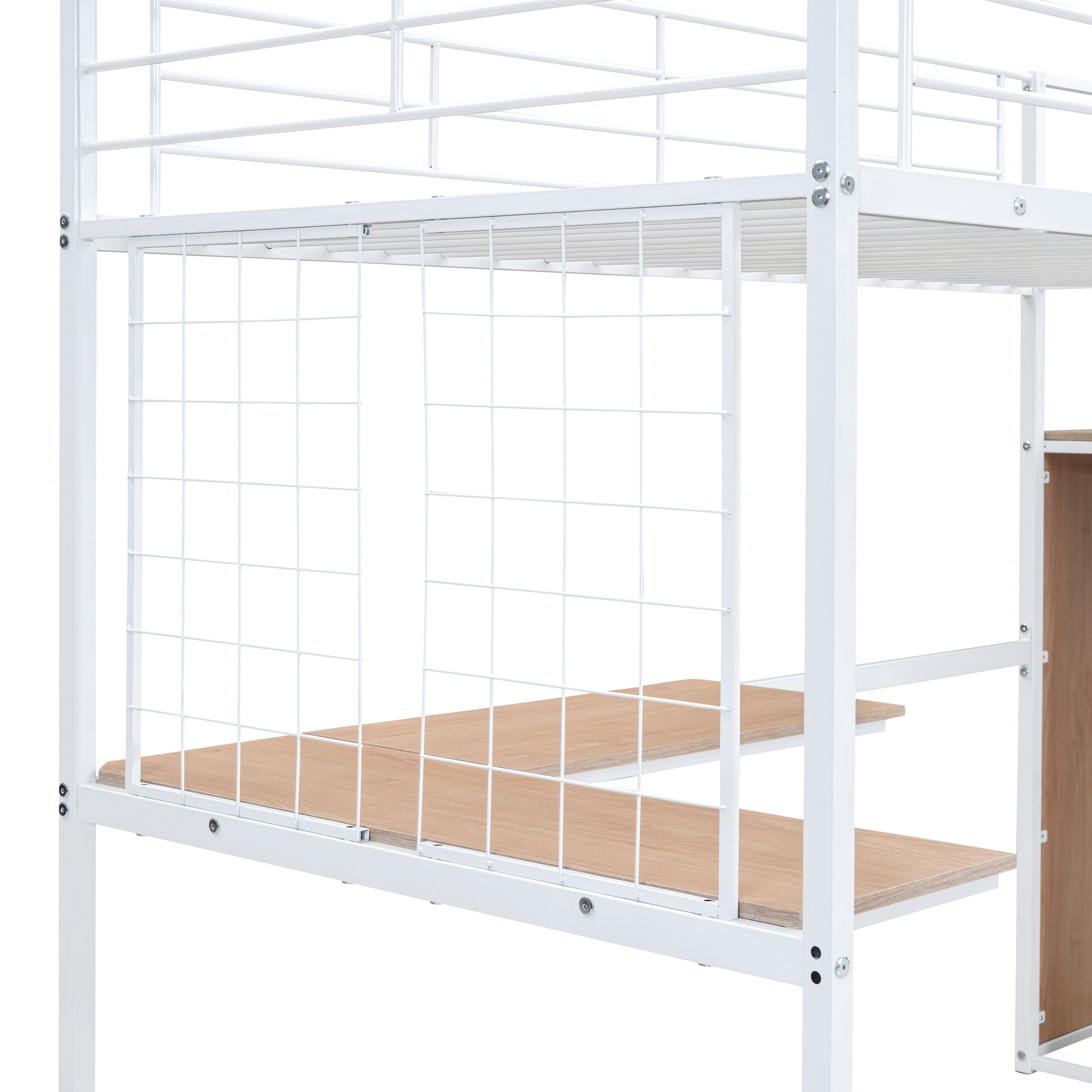 Twin Size Metal Loft Bed With Desk And Metal Grid, Stylish Metal Frame Bed With Lateral Storage Ladder And Wardrobe, White White Mdf Metal