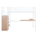 Twin Size Metal Loft Bed With Desk And Metal Grid, Stylish Metal Frame Bed With Lateral Storage Ladder And Wardrobe, White White Mdf Metal