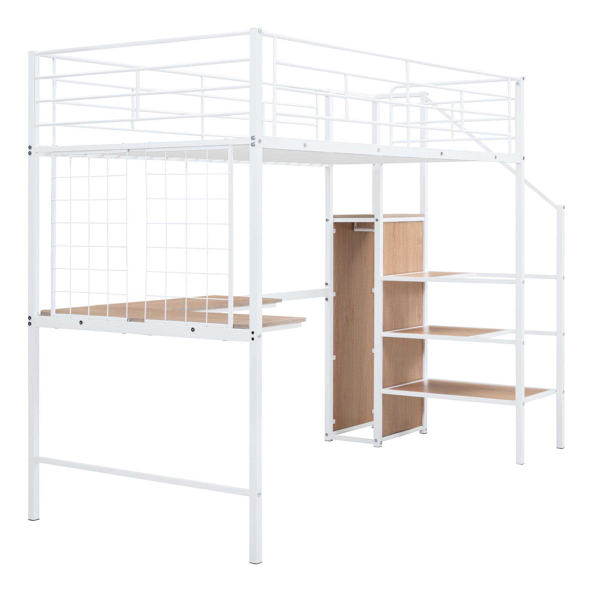 Twin Size Metal Loft Bed With Desk And Metal Grid, Stylish Metal Frame Bed With Lateral Storage Ladder And Wardrobe, White White Mdf Metal