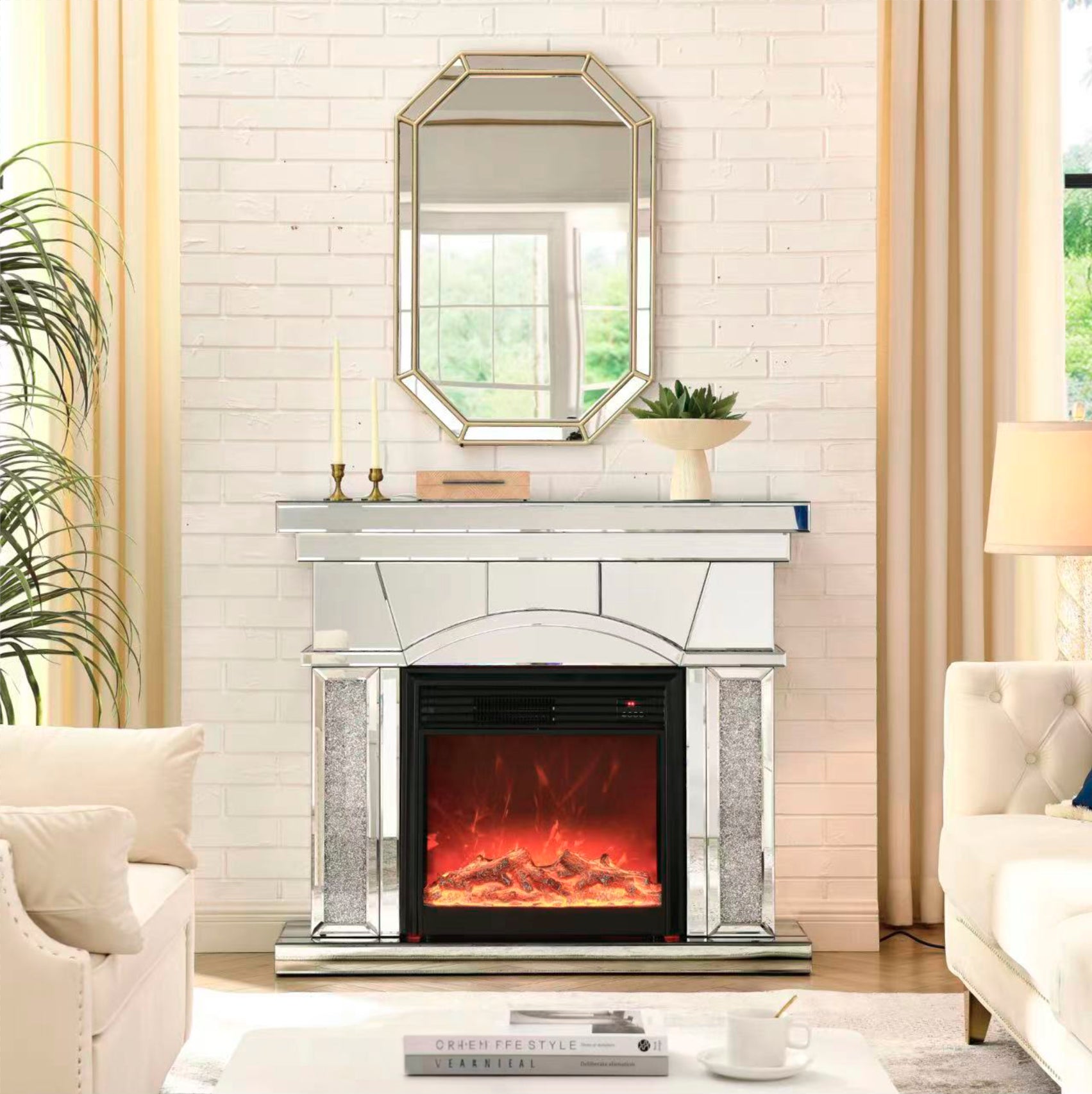 W 46" X D 12.5" X H 41" Dome Door Acrylic Mirror Fireplace Cabinet, Tv Fireplace Cabinet Powder Coated Electric Primary Living Space Yes Insert Electric 41 50 Yes Silver 400 Natural Vent American Design Acrylic Mdf Glass