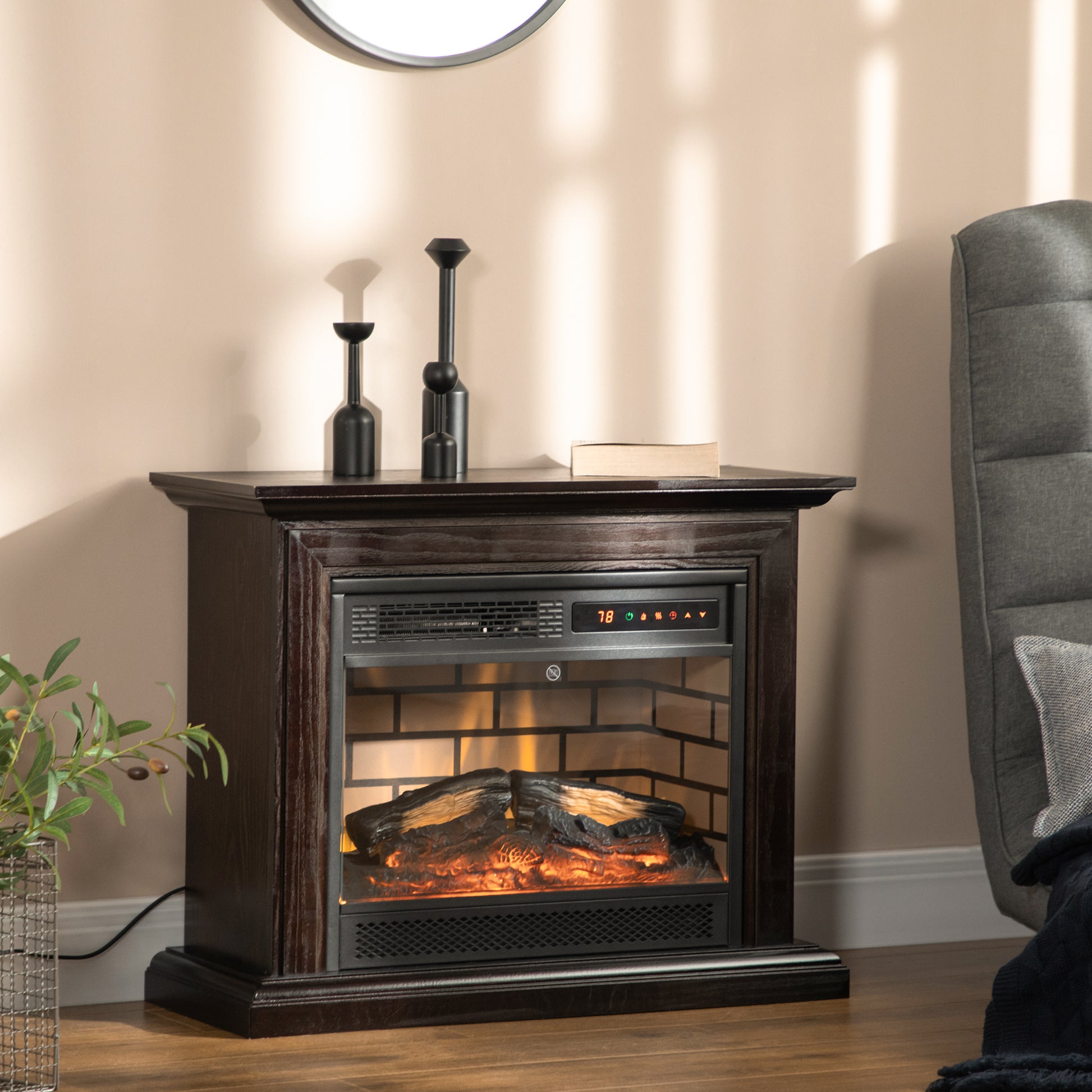 31" Electric Fireplace With Dimmable Flame Effect And Mantel, Freestanding Space Heater With Log Hearth And Remote Control, 1400W, Brown Brown Metal