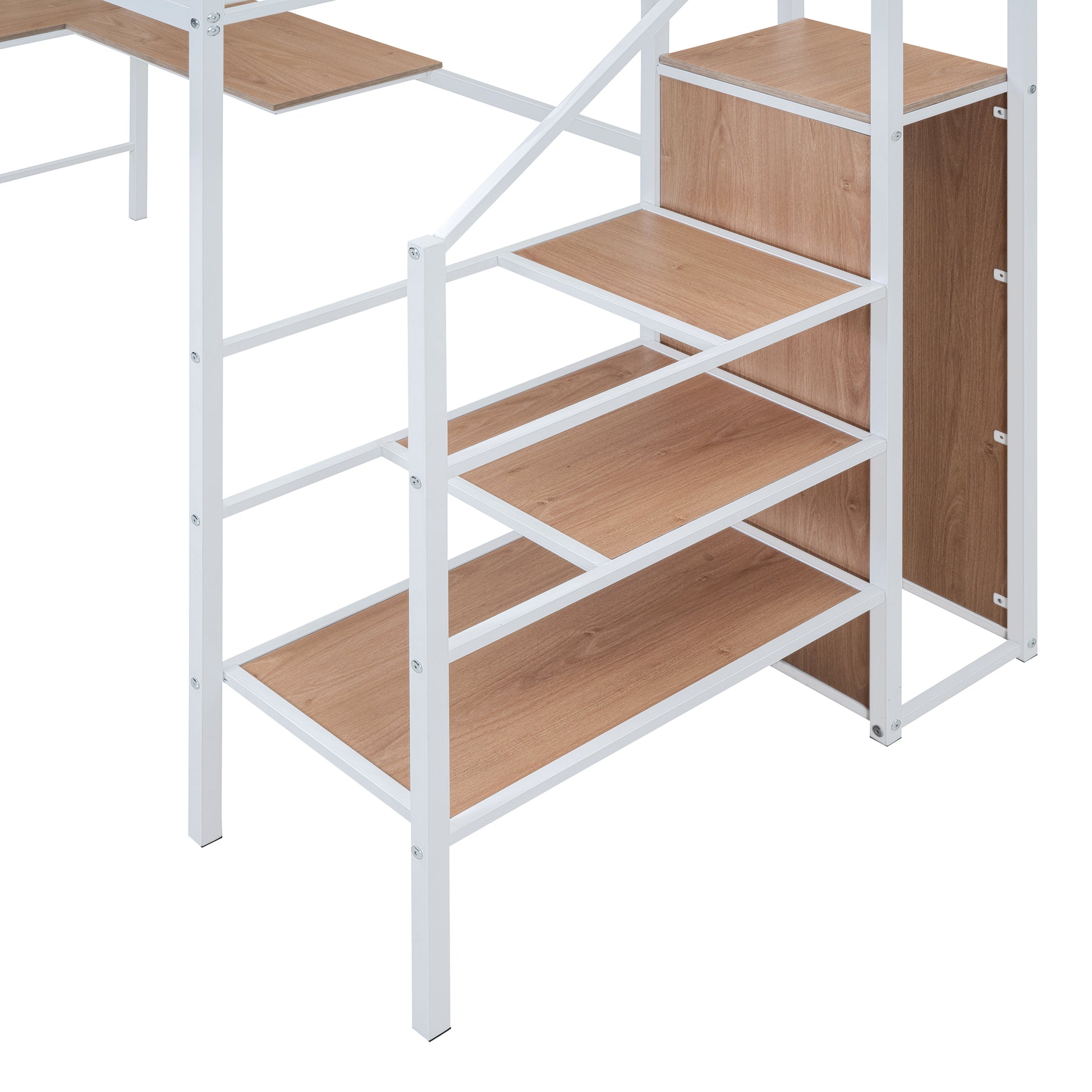 Twin Size Metal Loft Bed With Desk And Metal Grid, Stylish Metal Frame Bed With Lateral Storage Ladder And Wardrobe, White White Mdf Metal