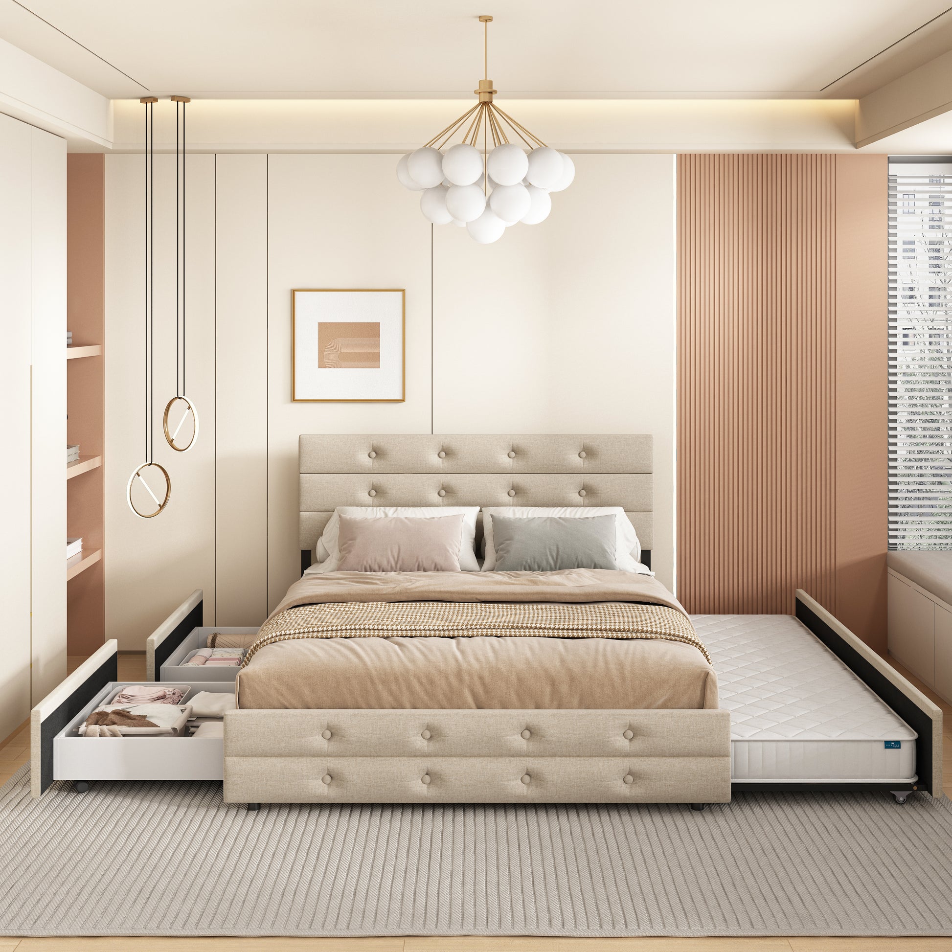 Queen Size Upholstered Platform Bed With Twin Trundle And 2 Storage Drawers Underneath, Linen Fabric With Wood Slat, For Bedroom,Light Beige Box Spring Not Required Queen Light Beige Wood Bedroom American Design Bed Frame Linen Linen