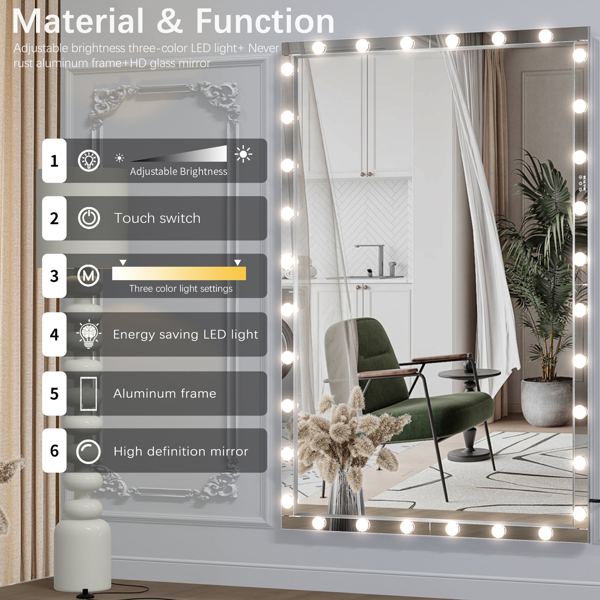 Hollywood Led Full Body Mirror With Lights Extra Large Full Length Vanity Mirror With 3 Color Mode Lights, Vertical Horizontal Hanging Aluminum Mirror For Dressing Rooms, Bedroom Silver, 72X48