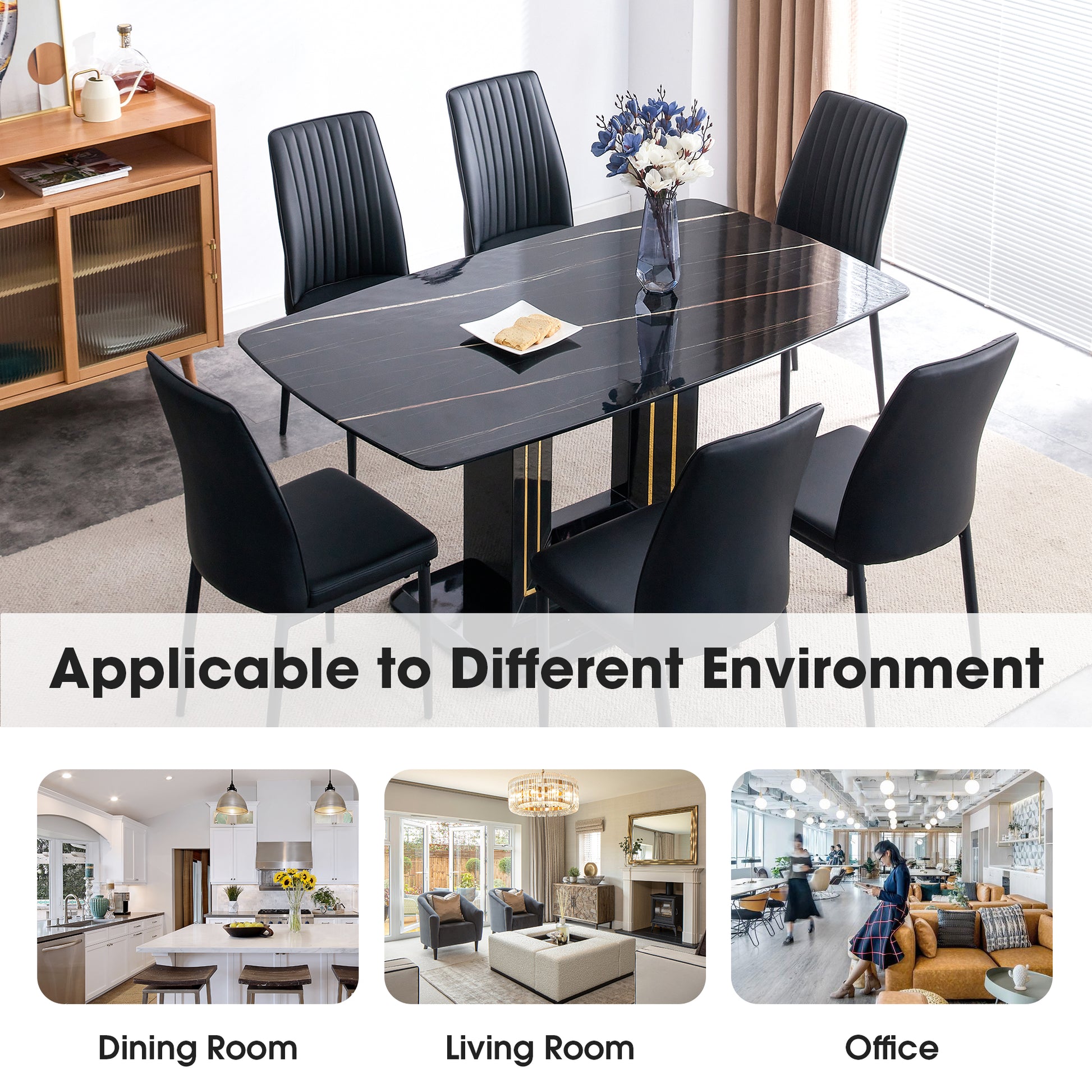 Rectangular 63" Marble Dining Table, Luxurious Dining Room Table With Faux Marble Top And U Shape Mdf Base, Modern Kitchen Dining Table For Kitchen Living Dining Room Black Luxury,Modern Mdf Glass