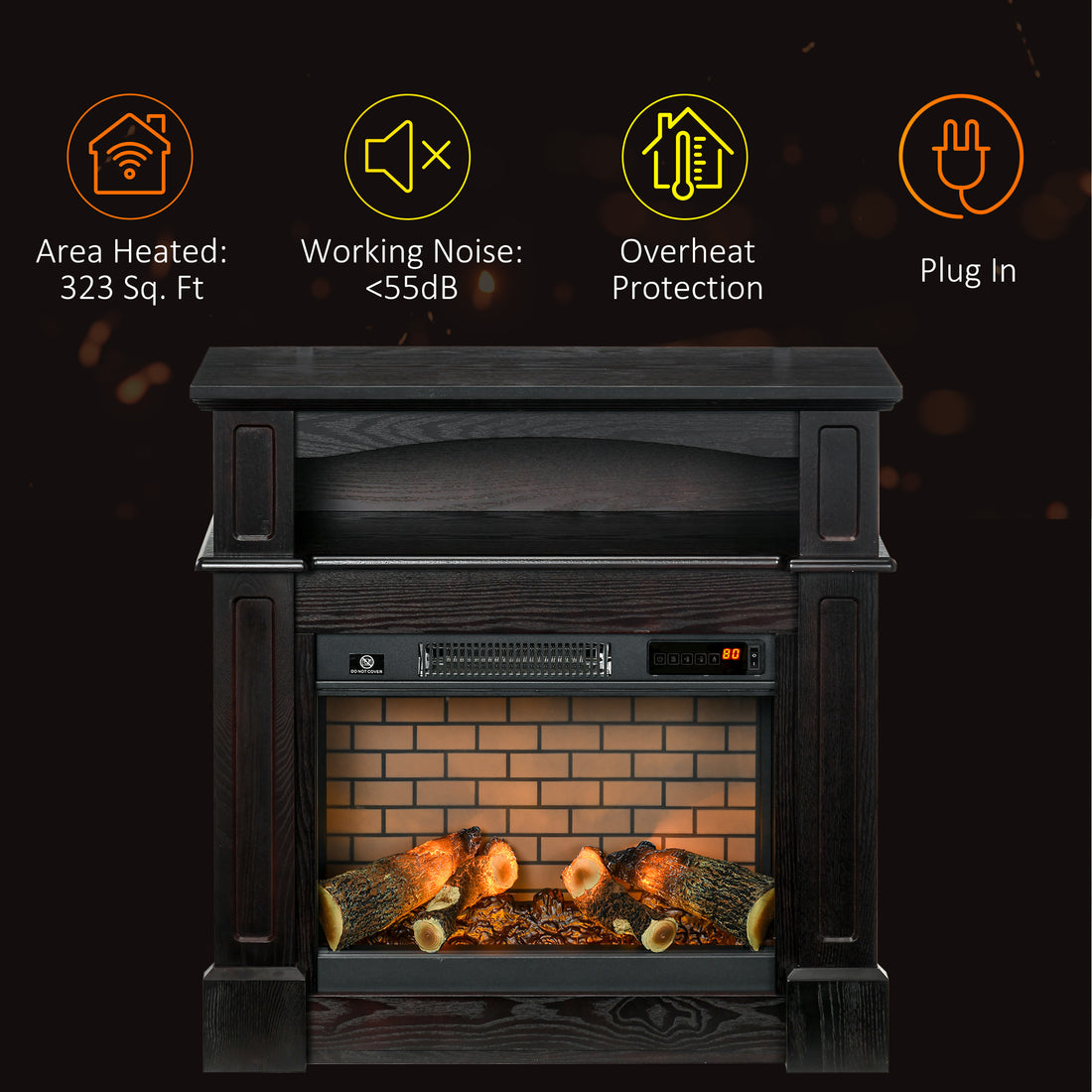 32" Electric Fireplace With Mantel, Freestanding Heater With Led Log Flame, Shelf And Remote Control, 700W 1400W, Brown Brown Steel