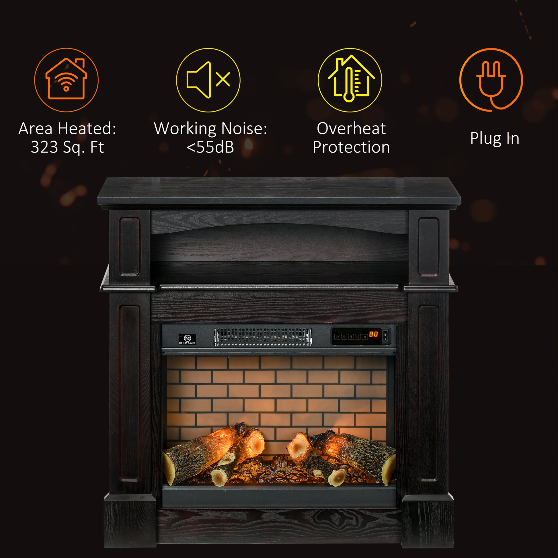 32" Electric Fireplace With Mantel, Freestanding Heater With Led Log Flame, Shelf And Remote Control, 700W 1400W, Brown Brown Steel